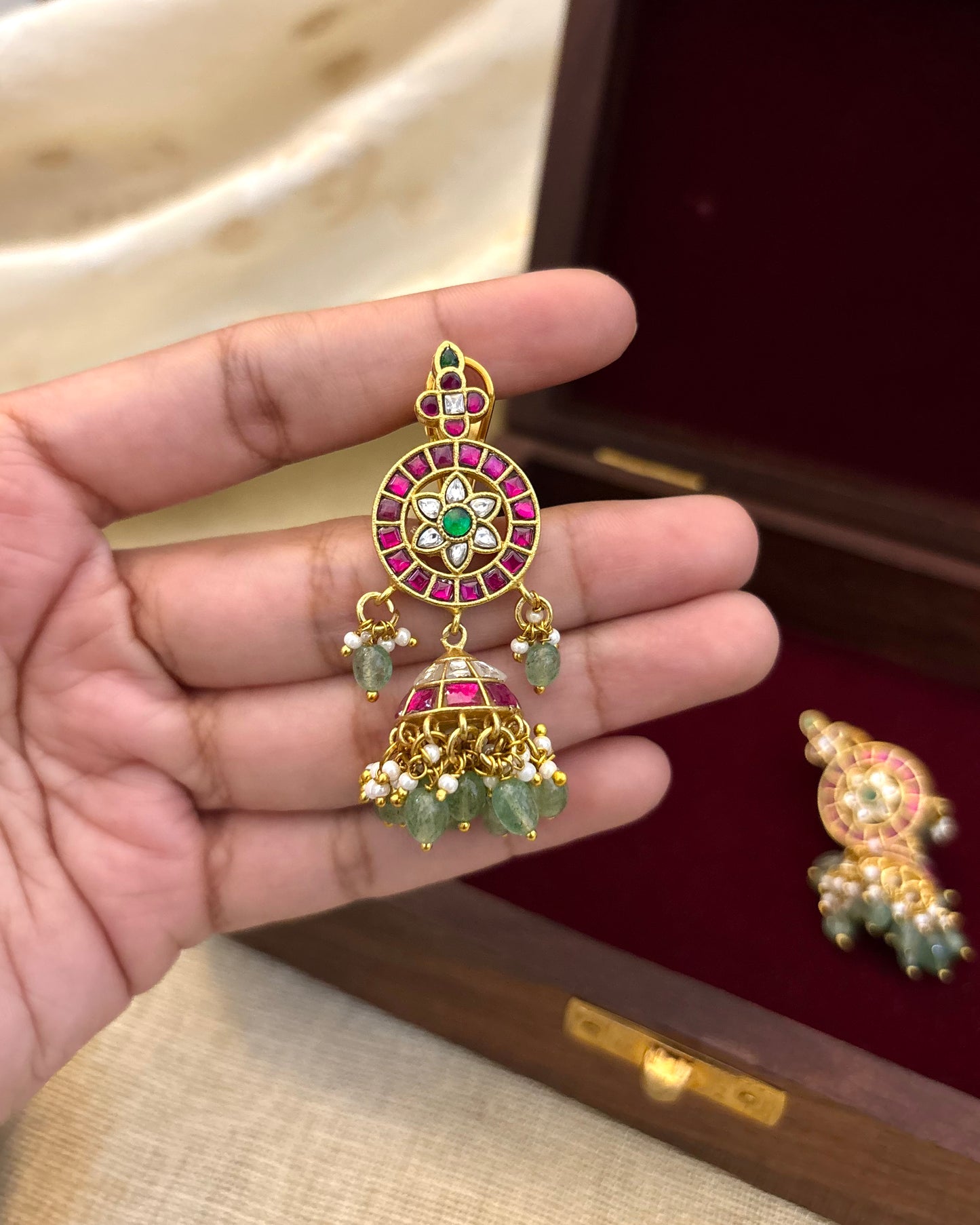 Multicolor Floral Jadau Kundan Jhumkas with Pearl Hangings | ER084