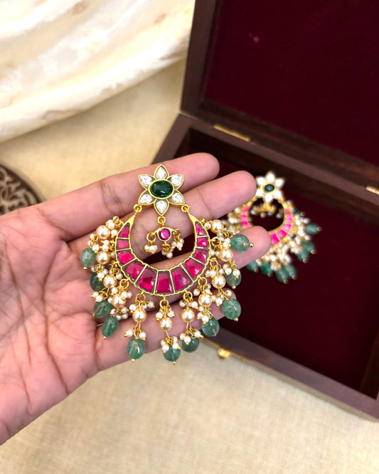 Bridal Jadau Kundan Chandbali Earrings with Pearls & Strawberry Beads | ER085