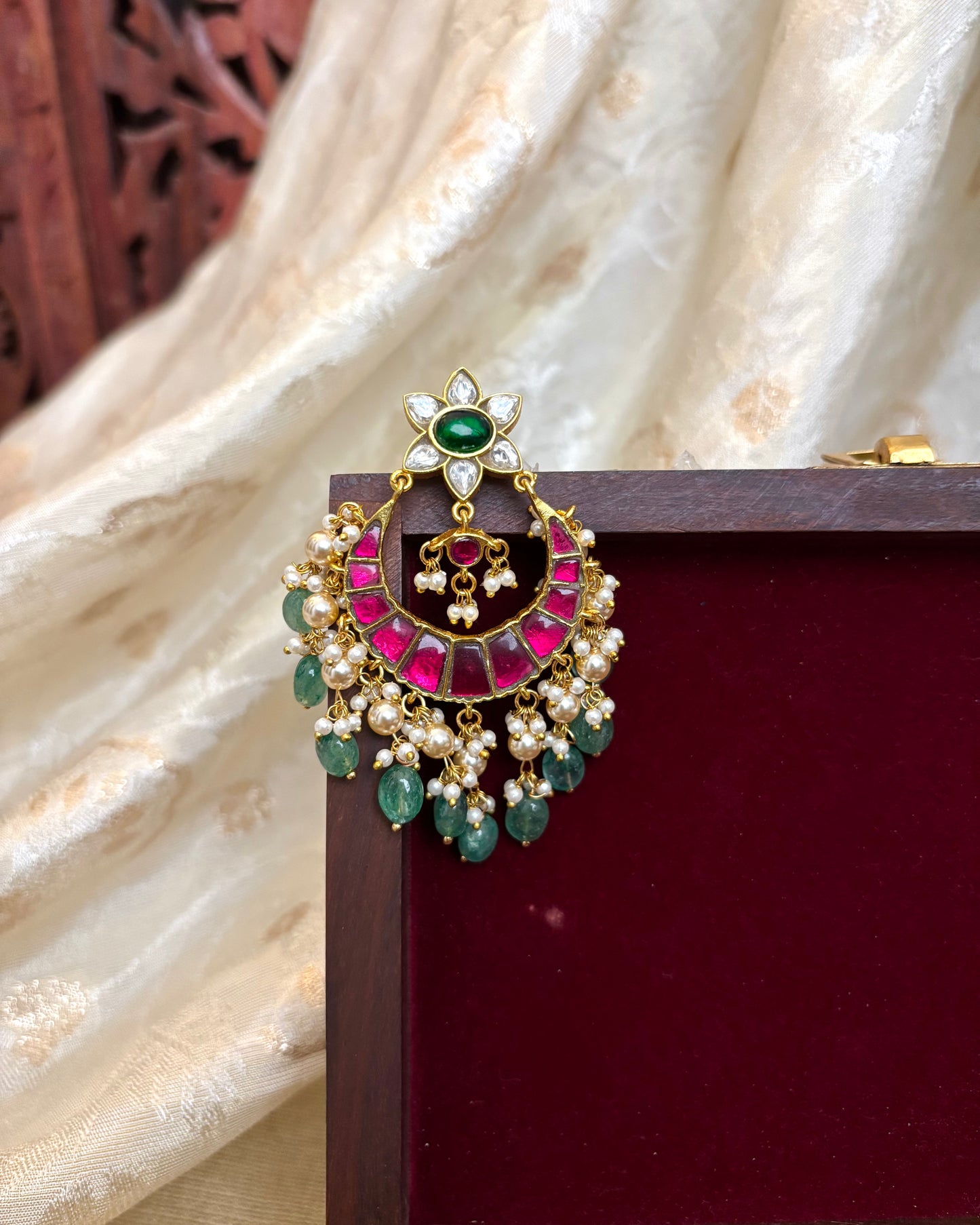 Bridal Jadau Kundan Chandbali Earrings with Pearls & Strawberry Beads | ER085