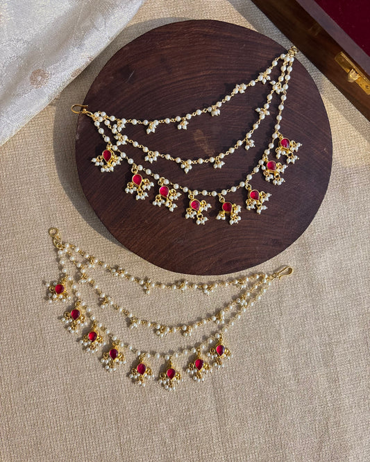 Minimal Jadau Kundan Three-Layer Pearl Ear Chain – Ruby & White | EC098