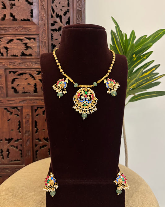 Jadau Kundan Statement Necklace with Peacock Pendant & Earrings | NC604