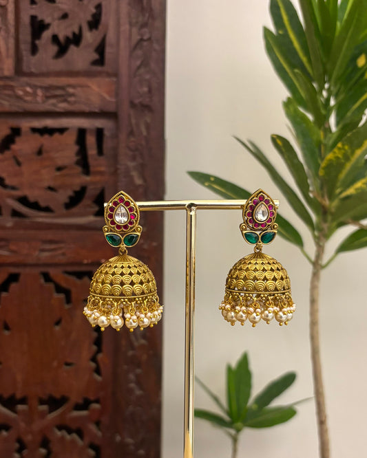 Floral Jadau Kundan Jhumkas with Pearl Hangings | ER364