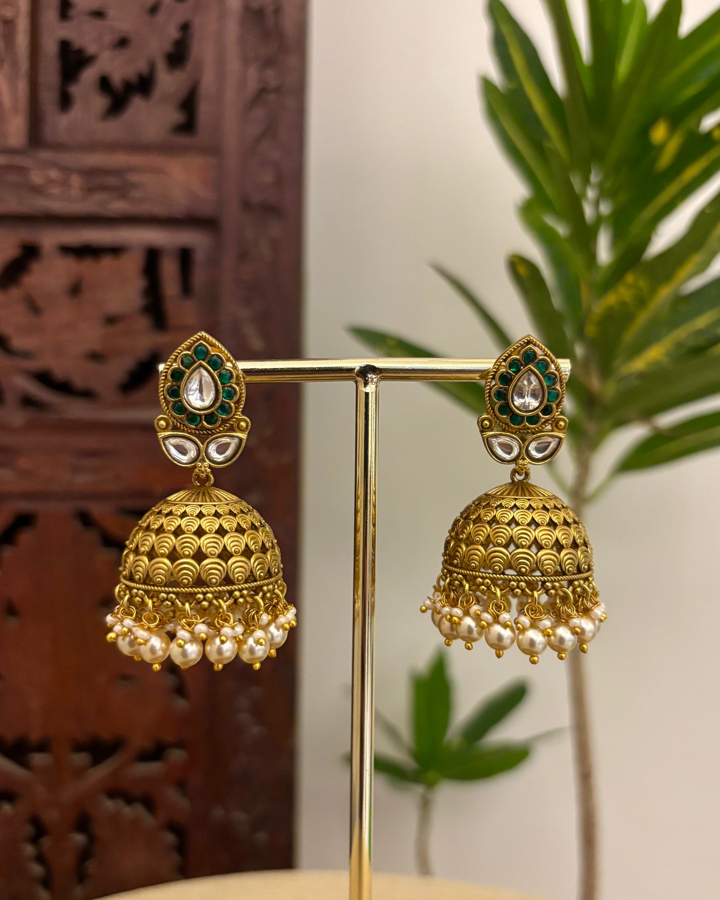 Floral Jadau Kundan Jhumkas with Pearl Hangings | ER365