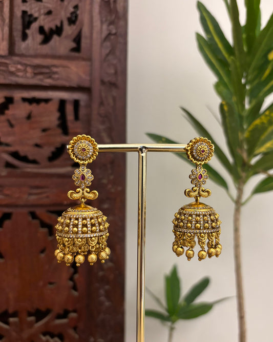 Antique Floral Jhumkas | Gold Plated | ER353
