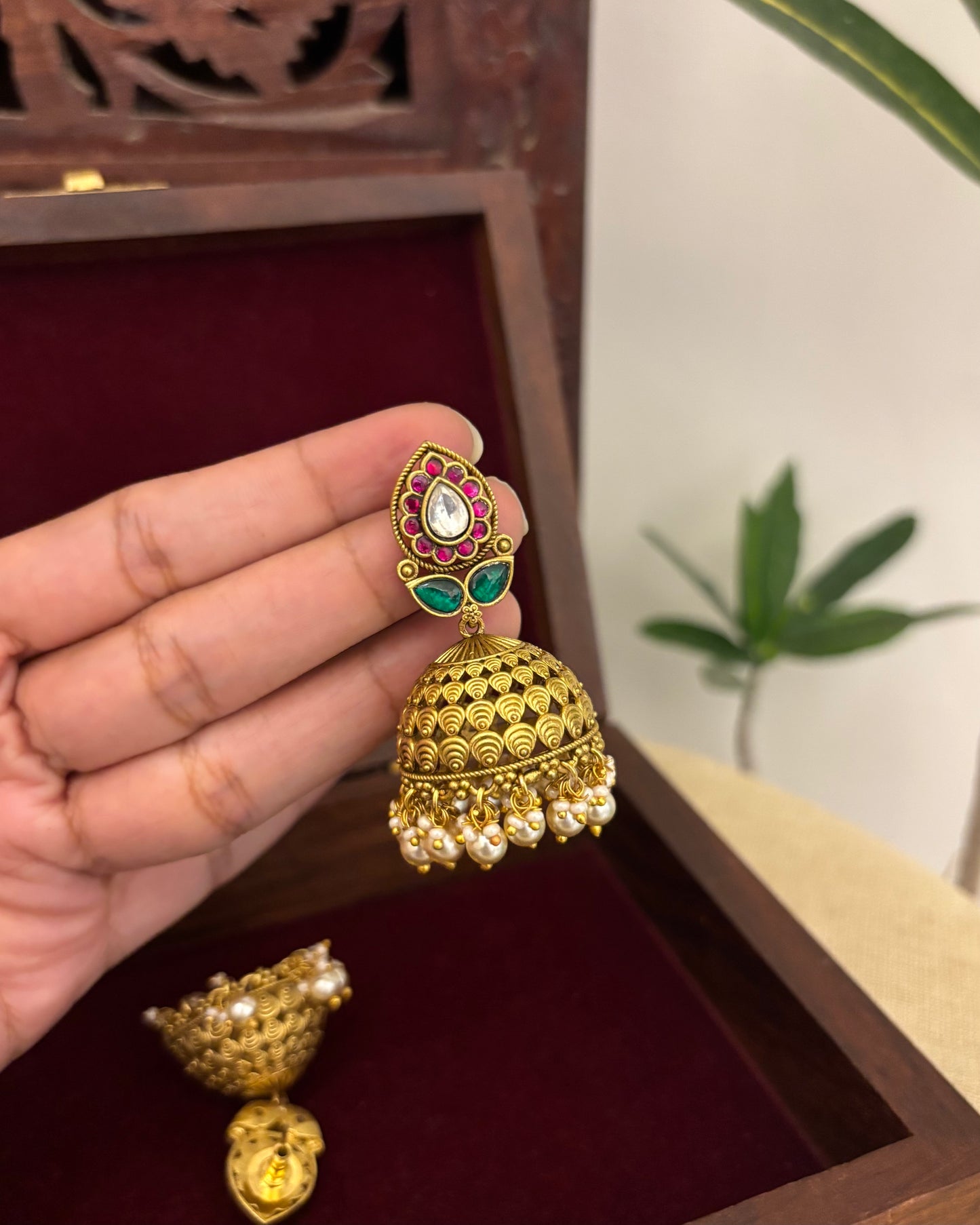 Floral Jadau Kundan Jhumkas with Pearl Hangings | ER364
