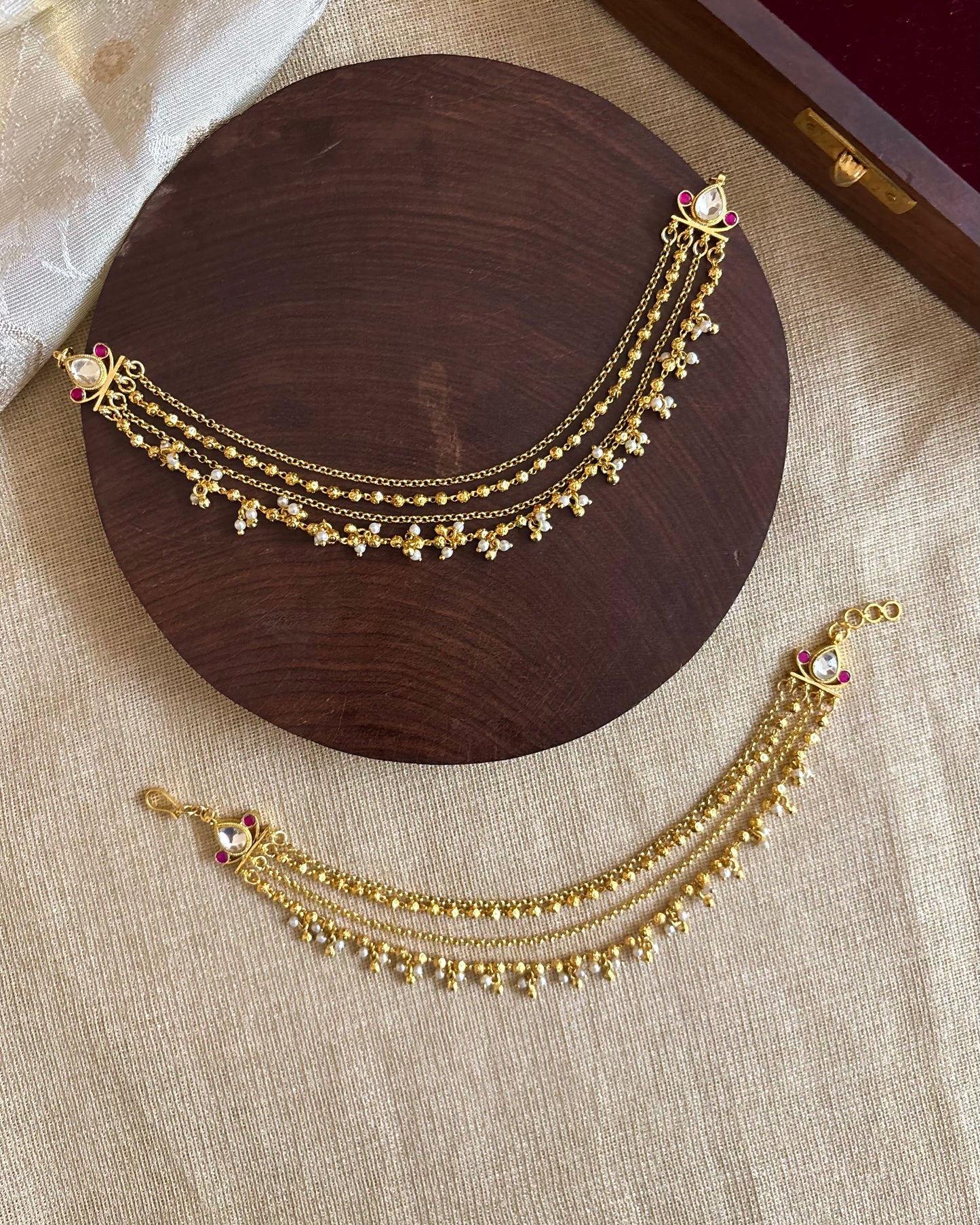Minimal 4-Layer Pearl Kundan Ear Chain | EC092