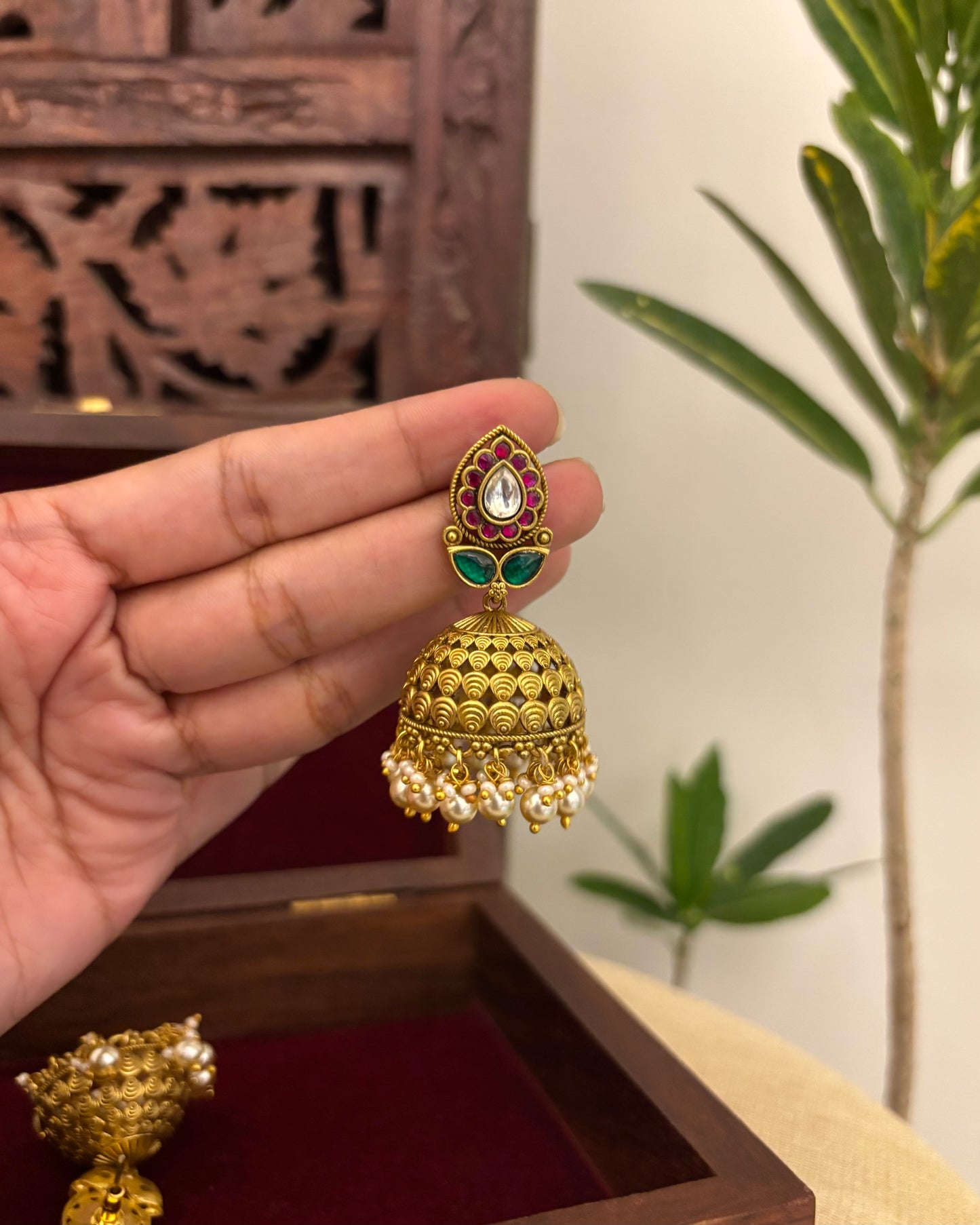 Floral Jadau Kundan Jhumkas with Pearl Hangings | ER364