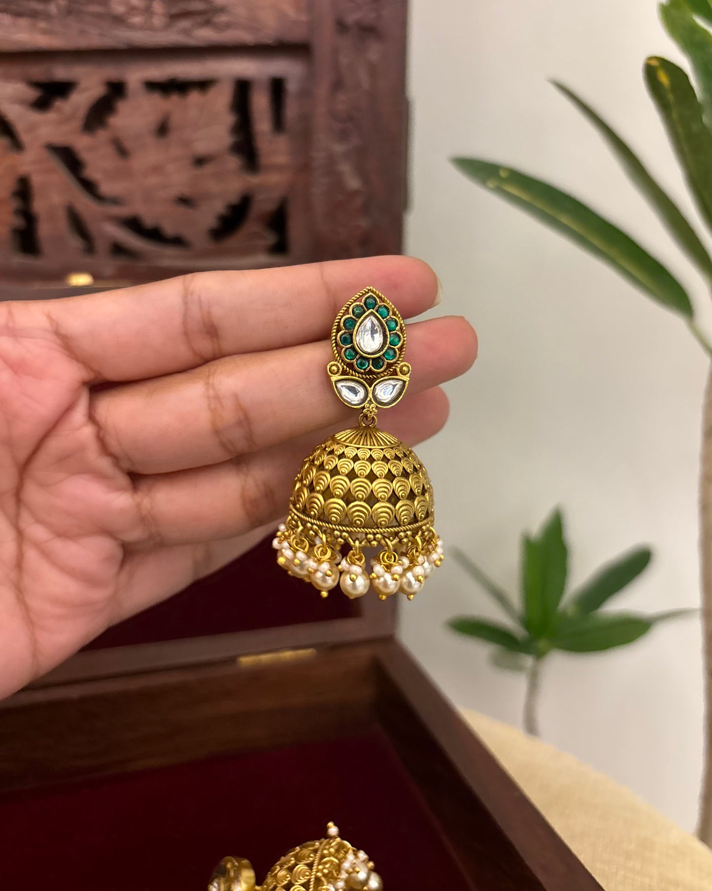 Floral Jadau Kundan Jhumkas with Pearl Hangings | ER365