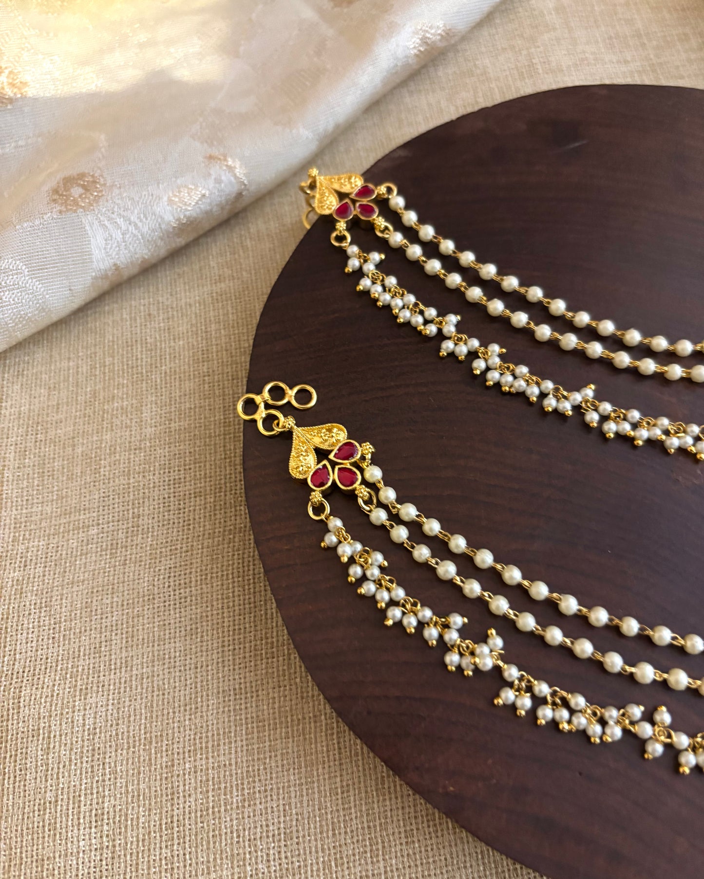 Minimal 3-Layer Pearl Kundan Ear Chain | EC091
