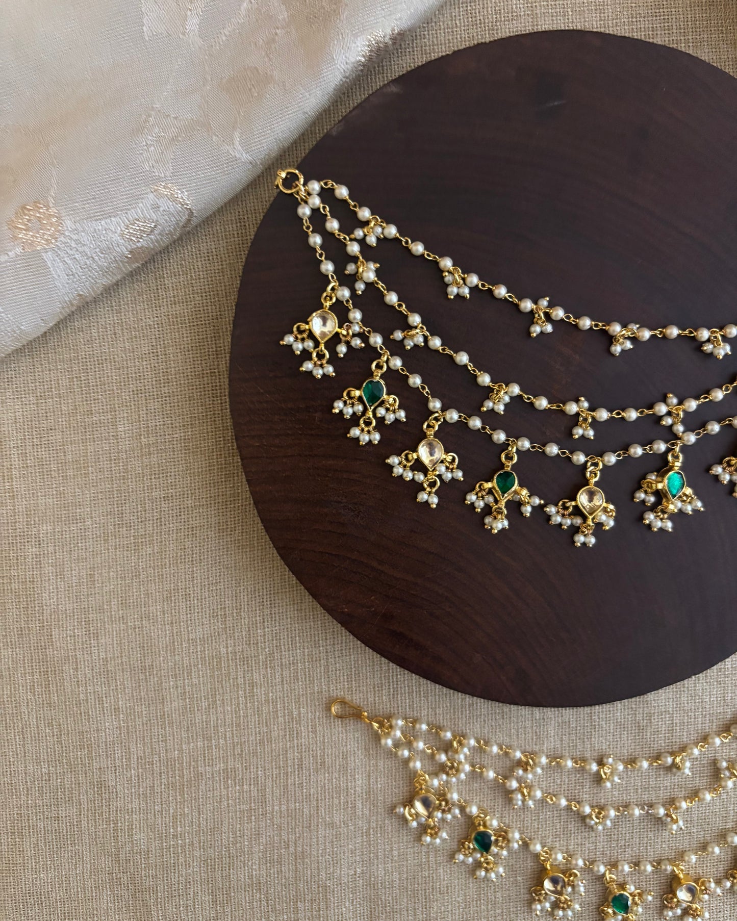 Minimal Jadau Kundan Three-Layer Pearl Ear Chain – Green & White | EC100