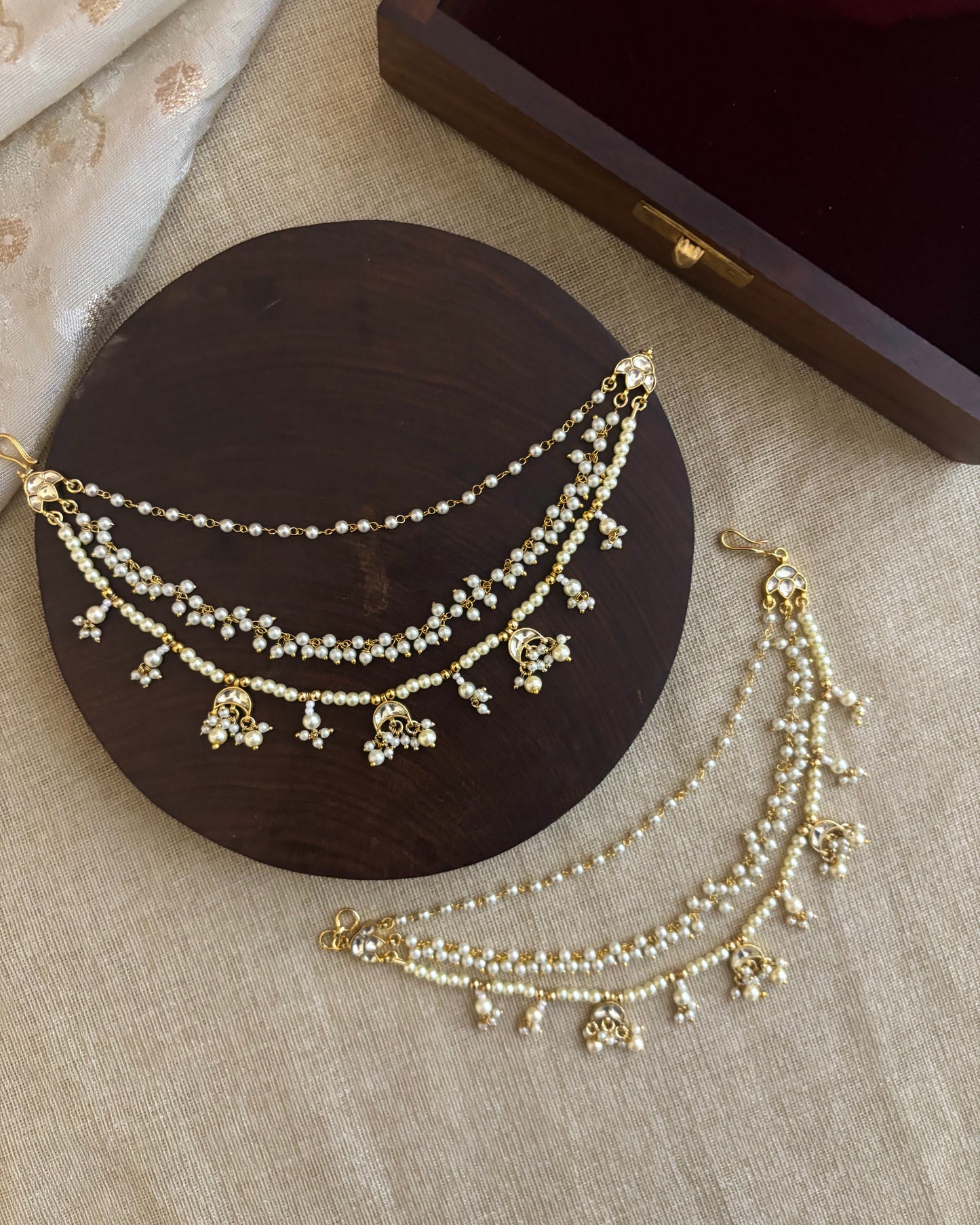 White Chand Three Layer Gold Plated Jadau Kundan Earchains | EC093