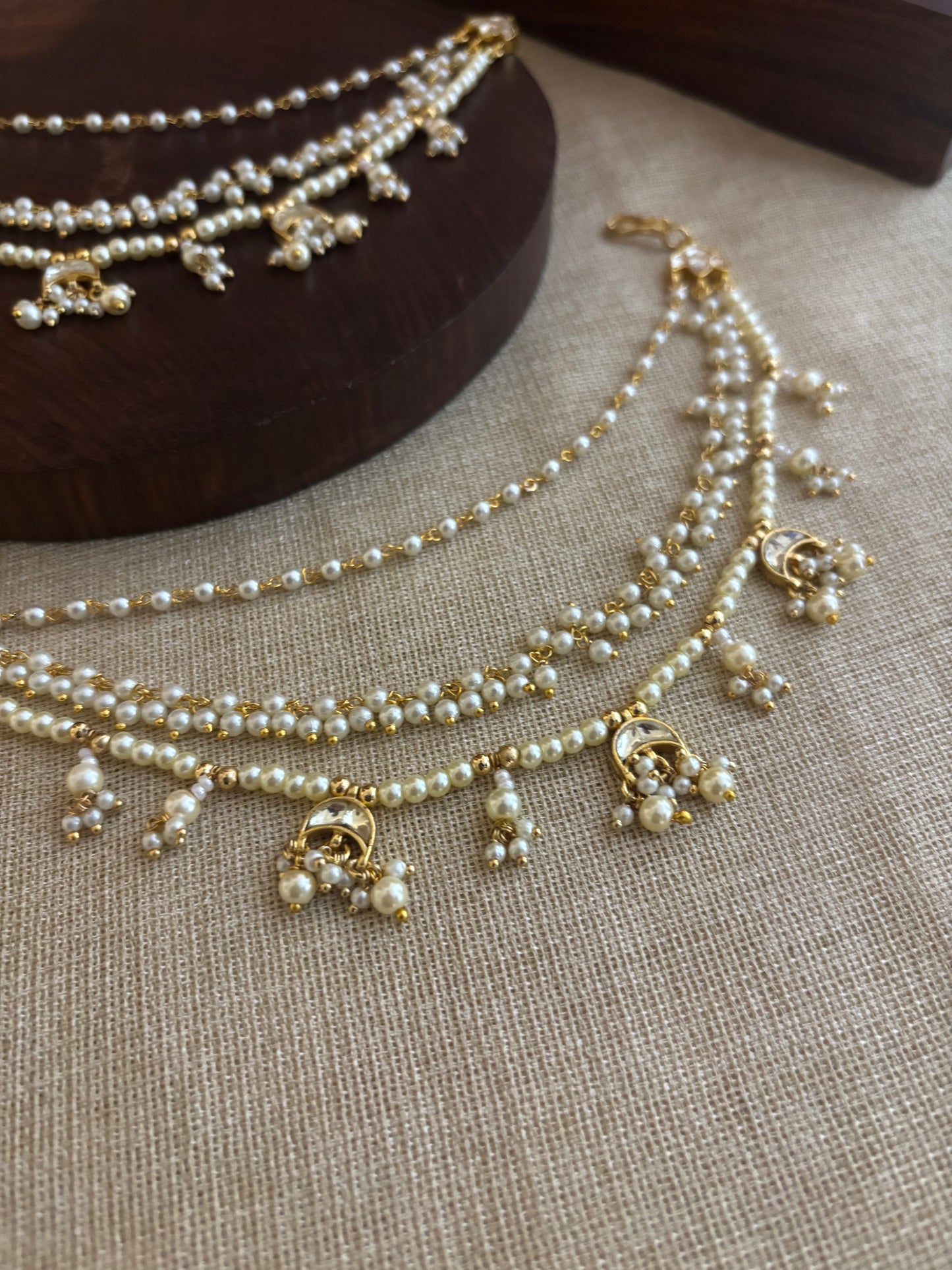 White Chand Three Layer Gold Plated Jadau Kundan Earchains | EC093