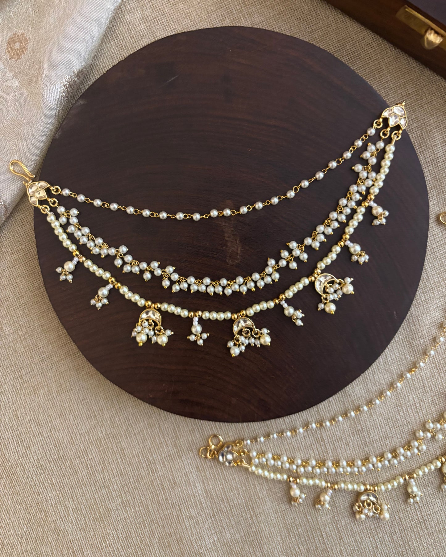 White Chand Three Layer Gold Plated Jadau Kundan Earchains | EC093