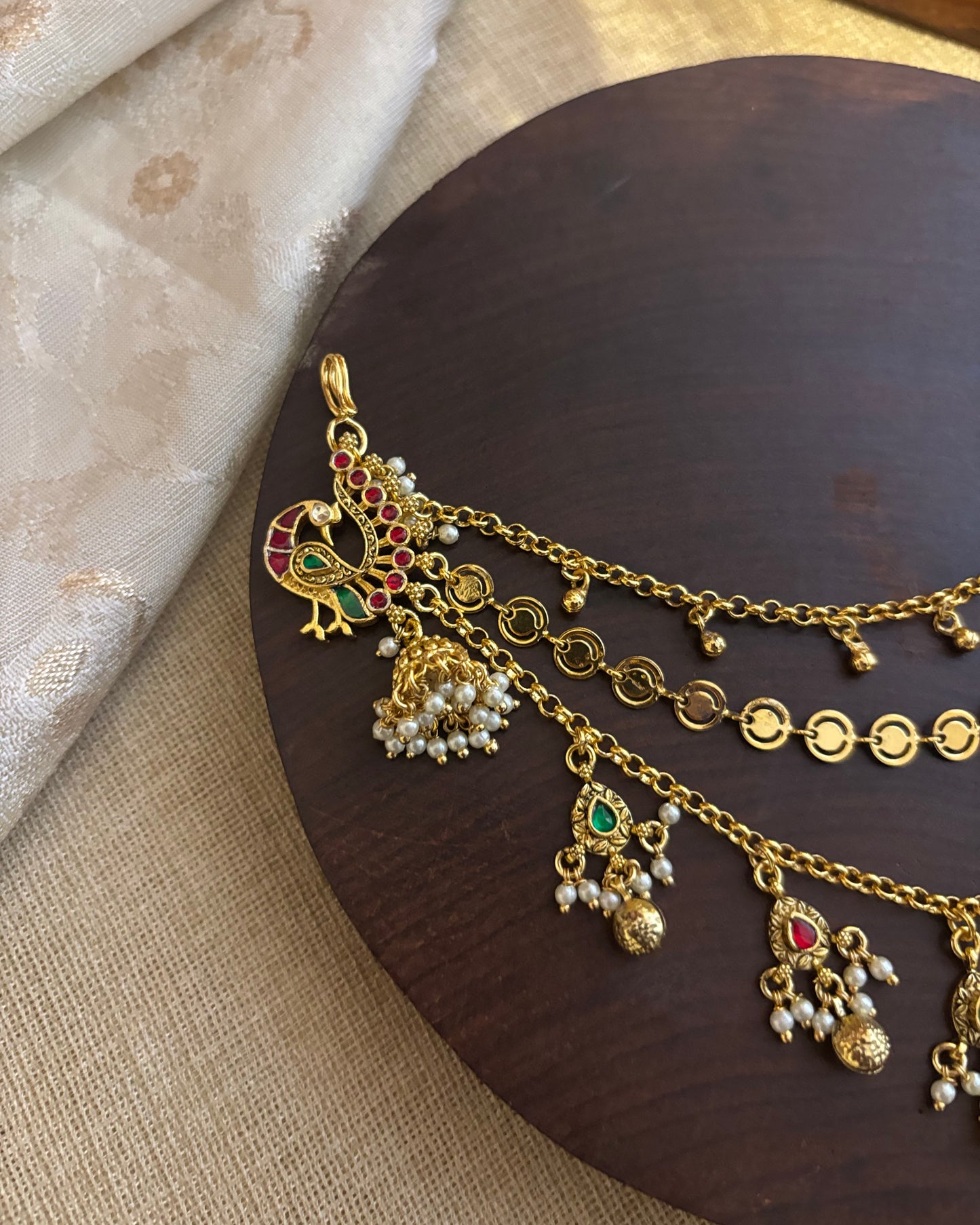 Statement Peacock Kundan Ear Chain – Pink & White | EC096