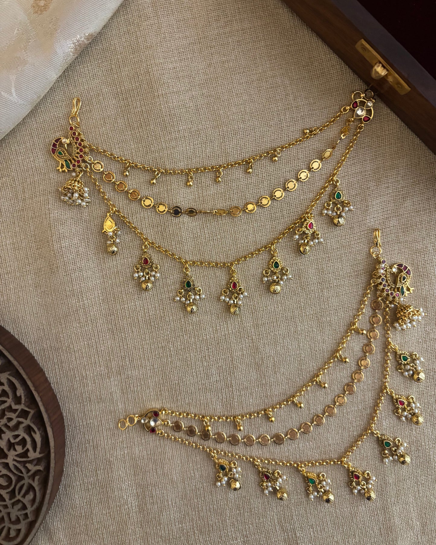 Statement Peacock Kundan Ear Chain – Pink & White | EC096