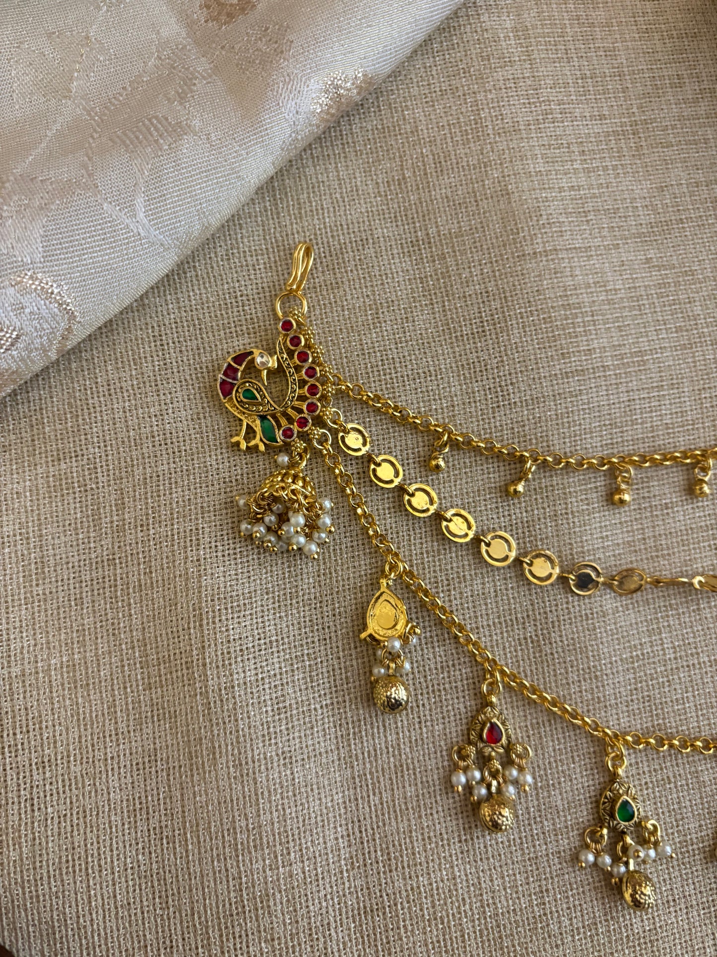 Statement Peacock Kundan Ear Chain – Pink & White | EC096