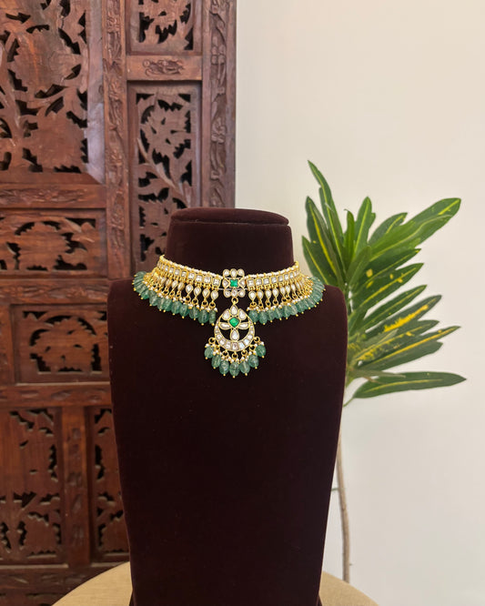 White Green Jadau Kundan Choker Necklace with Floral Center Pendant  | NC605