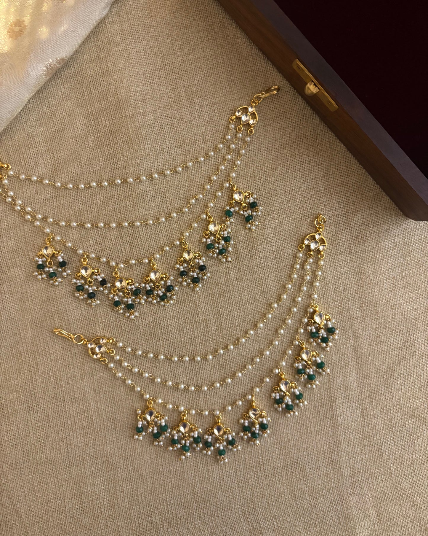 Three Layer Gold Plated Pearl Kundan Earchains | EC099