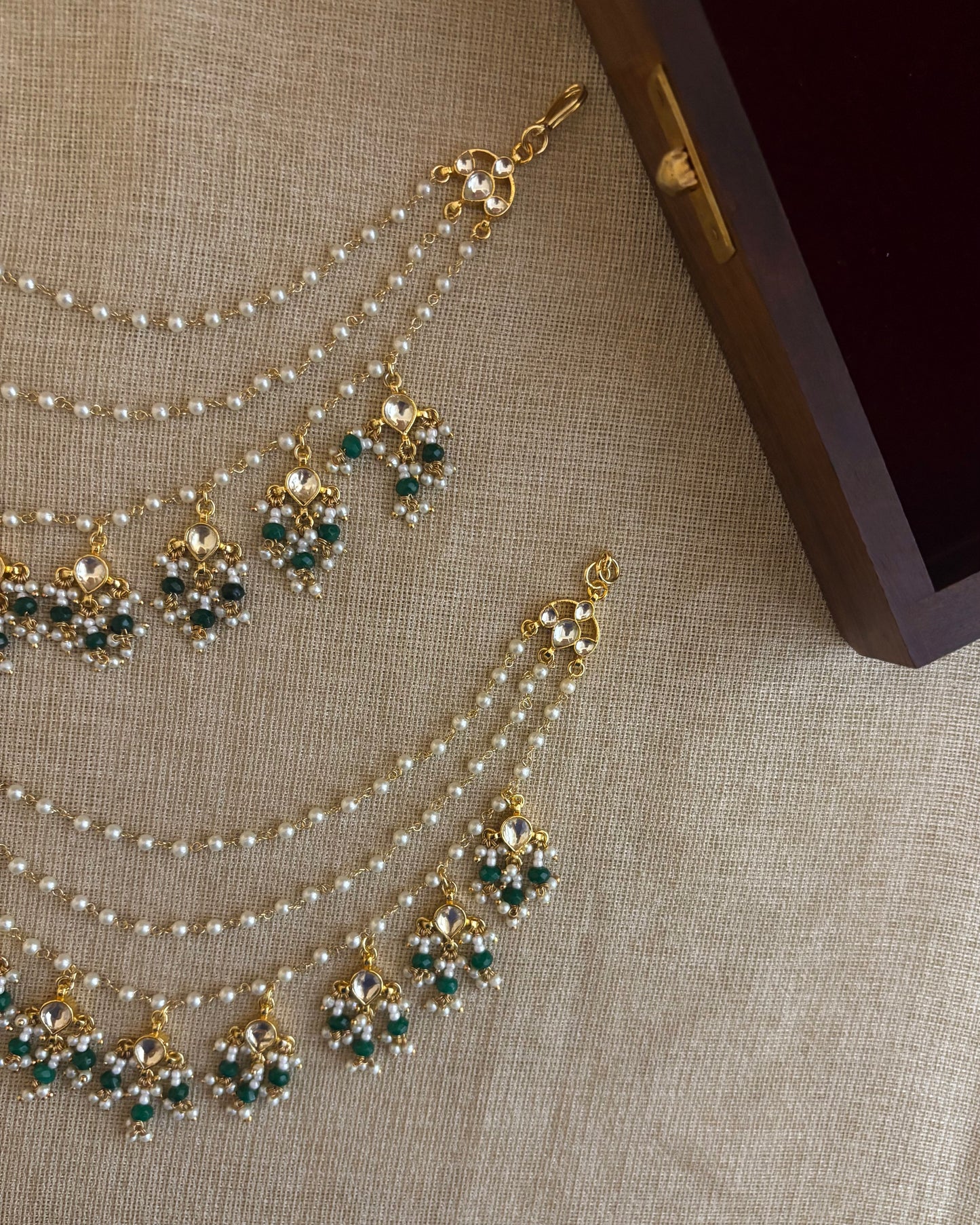 Three Layer Gold Plated Pearl Kundan Earchains | EC099