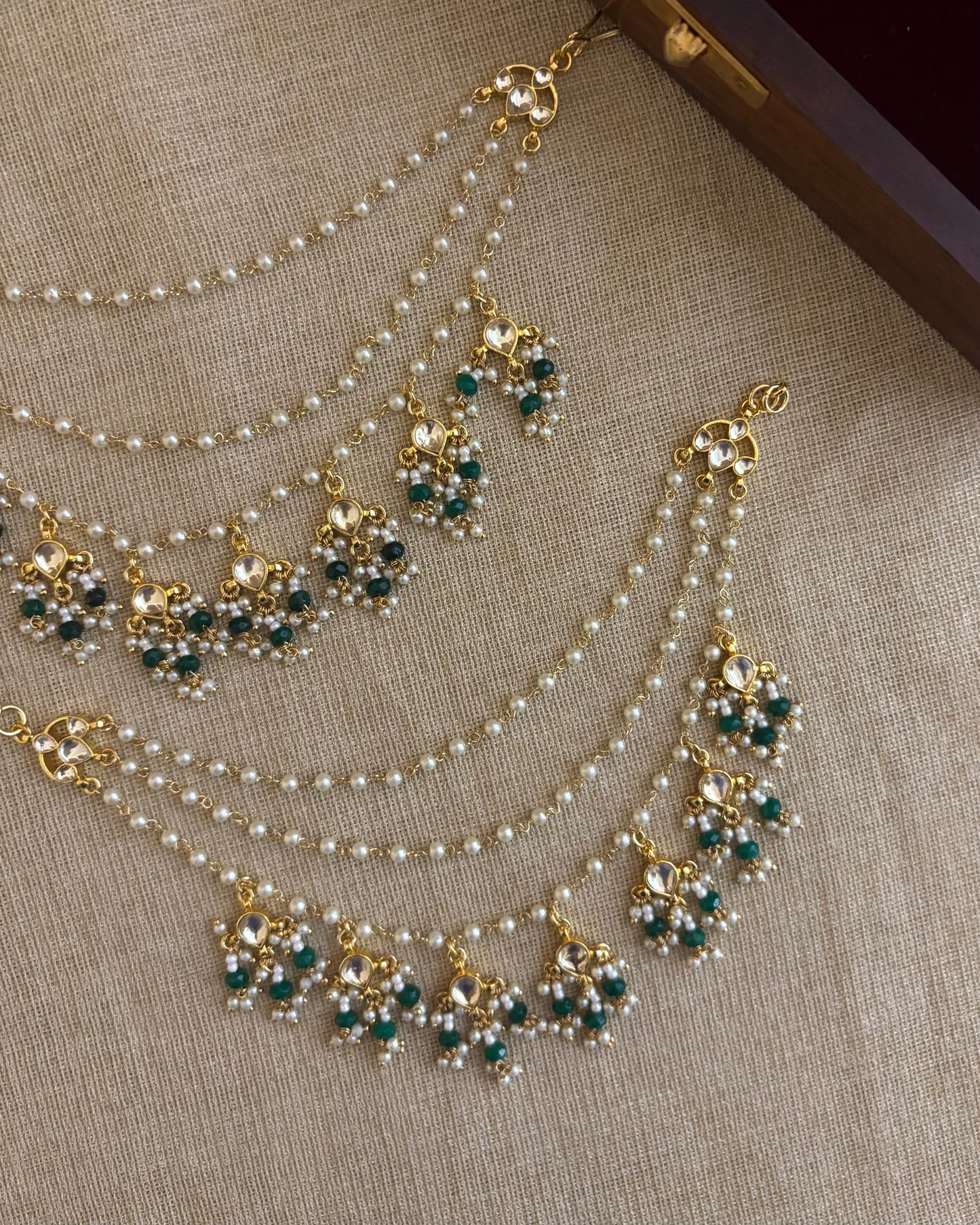 Three Layer Gold Plated Pearl Kundan Earchains | EC099