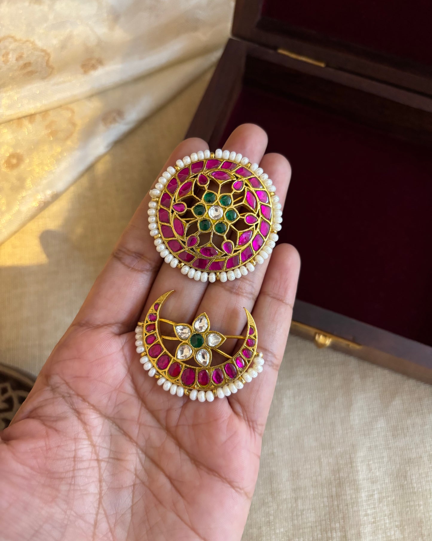 Jadau Kundan Sun & Moon Hair Accessory – Gold Plated Traditional Set | HA199