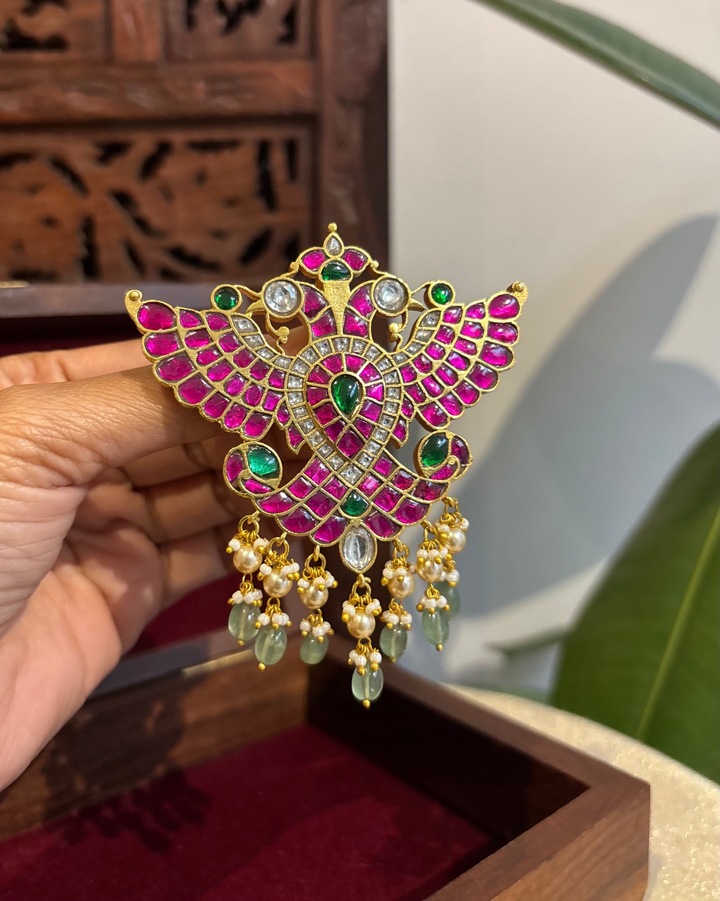 Multicolor Royal Double Pakshi Jadau Kundan Pendant | HA240