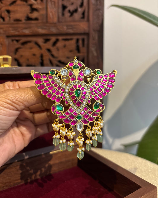 Multicolor Royal Double Pakshi Jadau Kundan Pendant | HA240