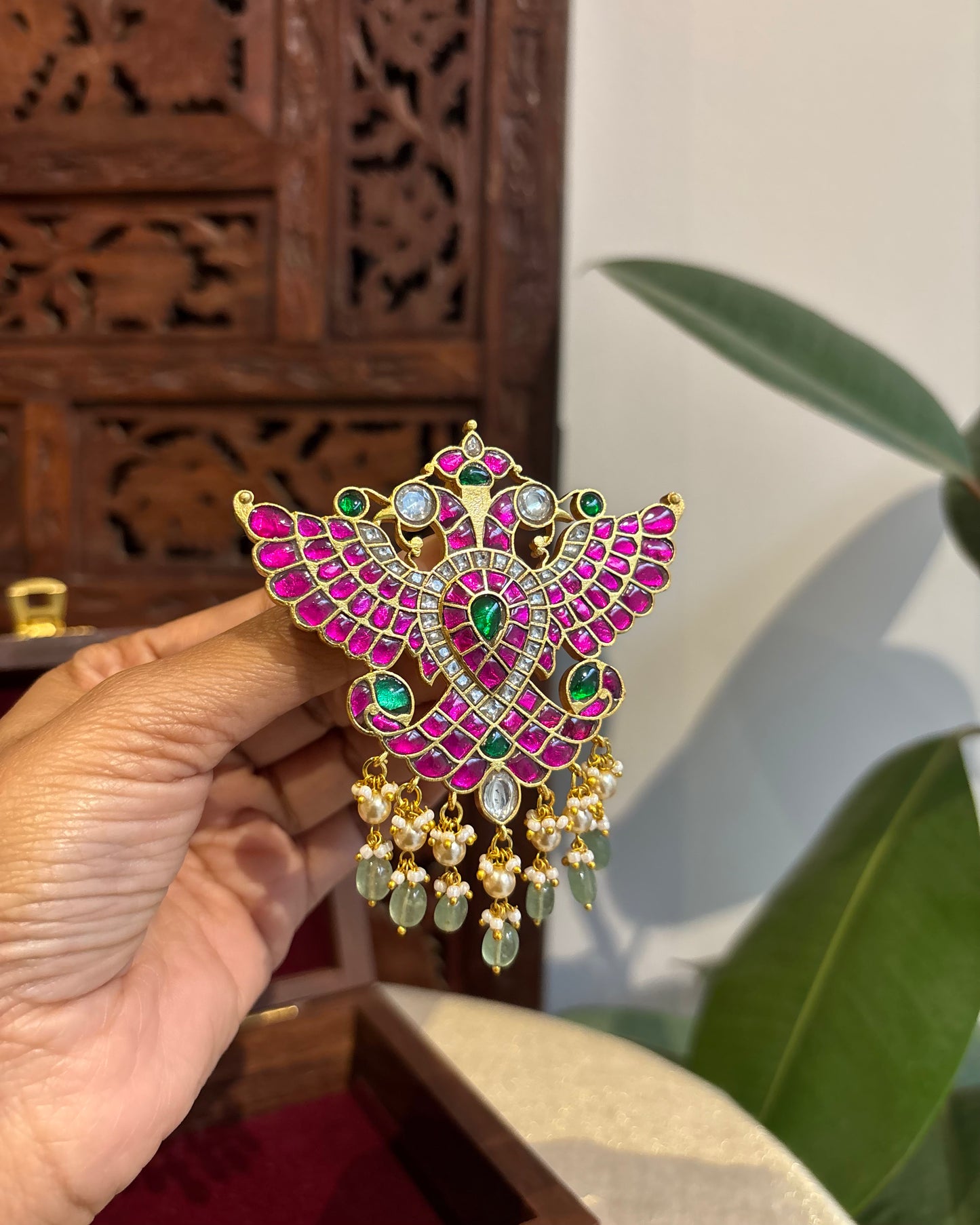 Multicolor Royal Double Pakshi Jadau Kundan Pendant | HA240