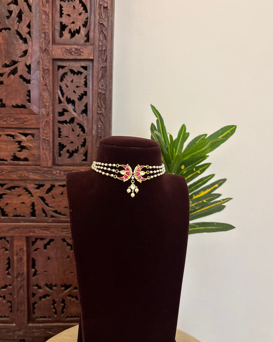 Classic Pearl Chand Choker | Crescent Motif with Matching Earrings | NC324