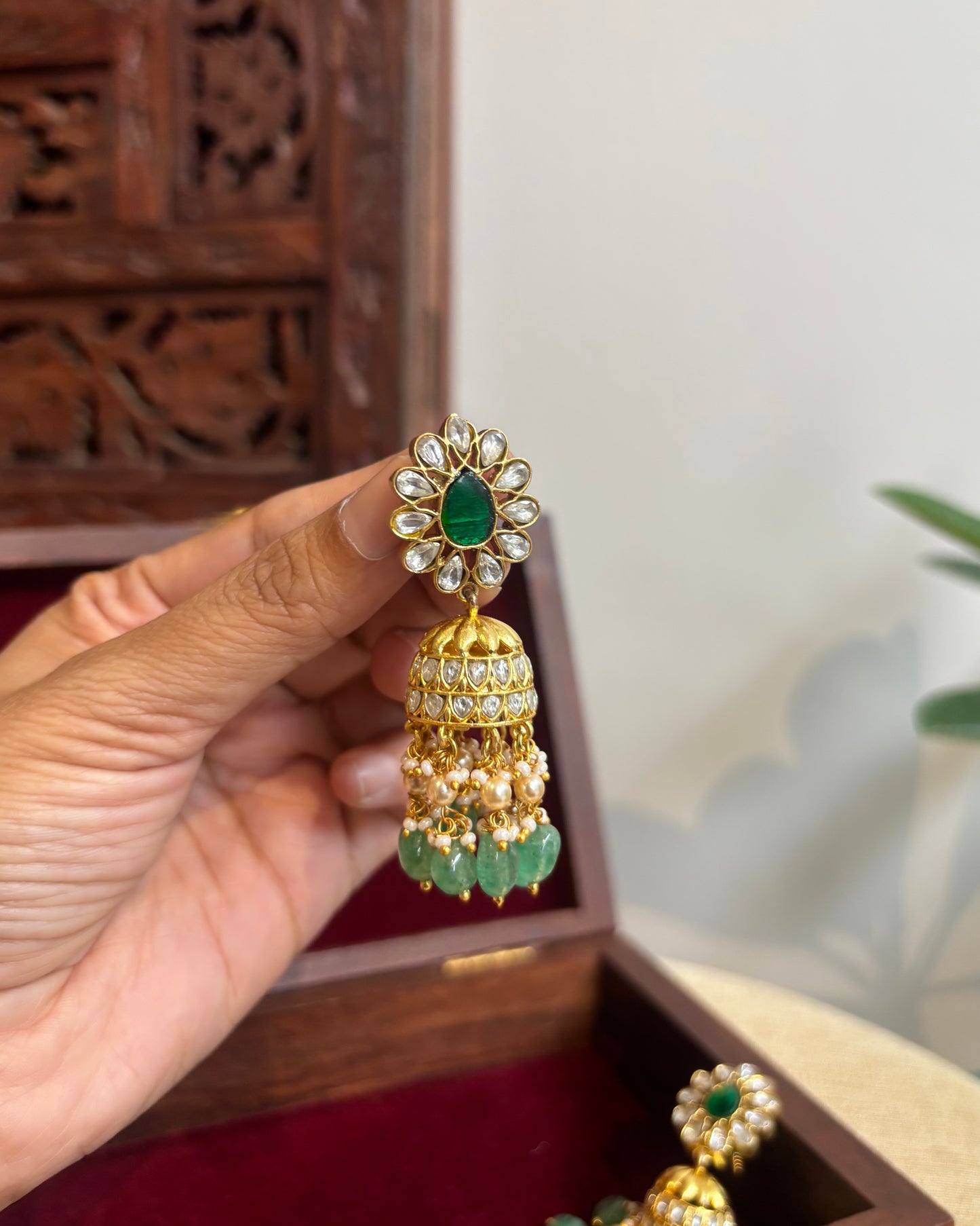 White Floral Jadau Kundan Jhumkas with Hangings | ER295
