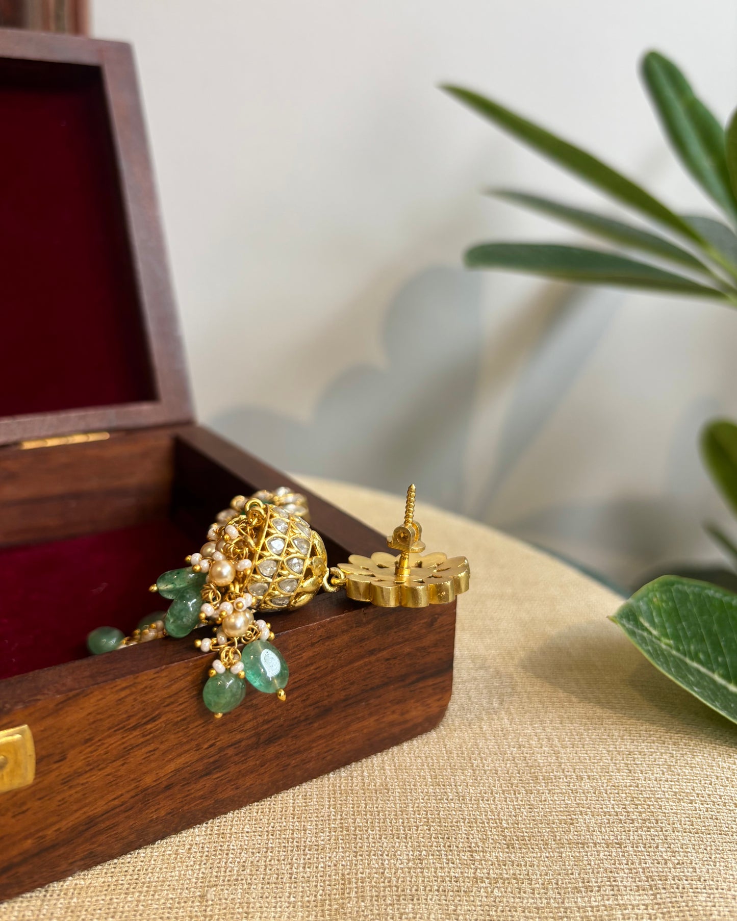 White Floral Jadau Kundan Jhumkas with Hangings | ER295