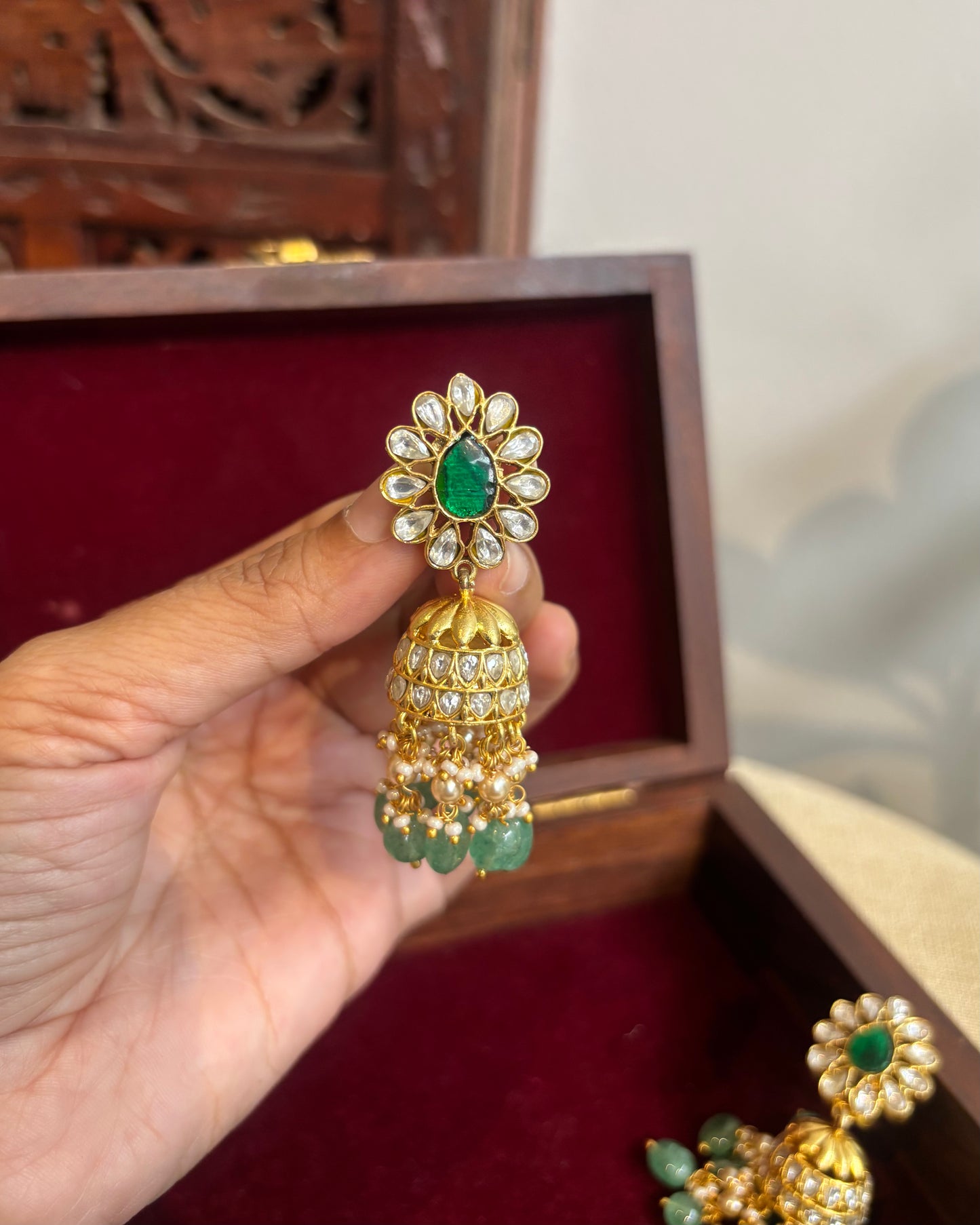 White Floral Jadau Kundan Jhumkas with Hangings | ER295