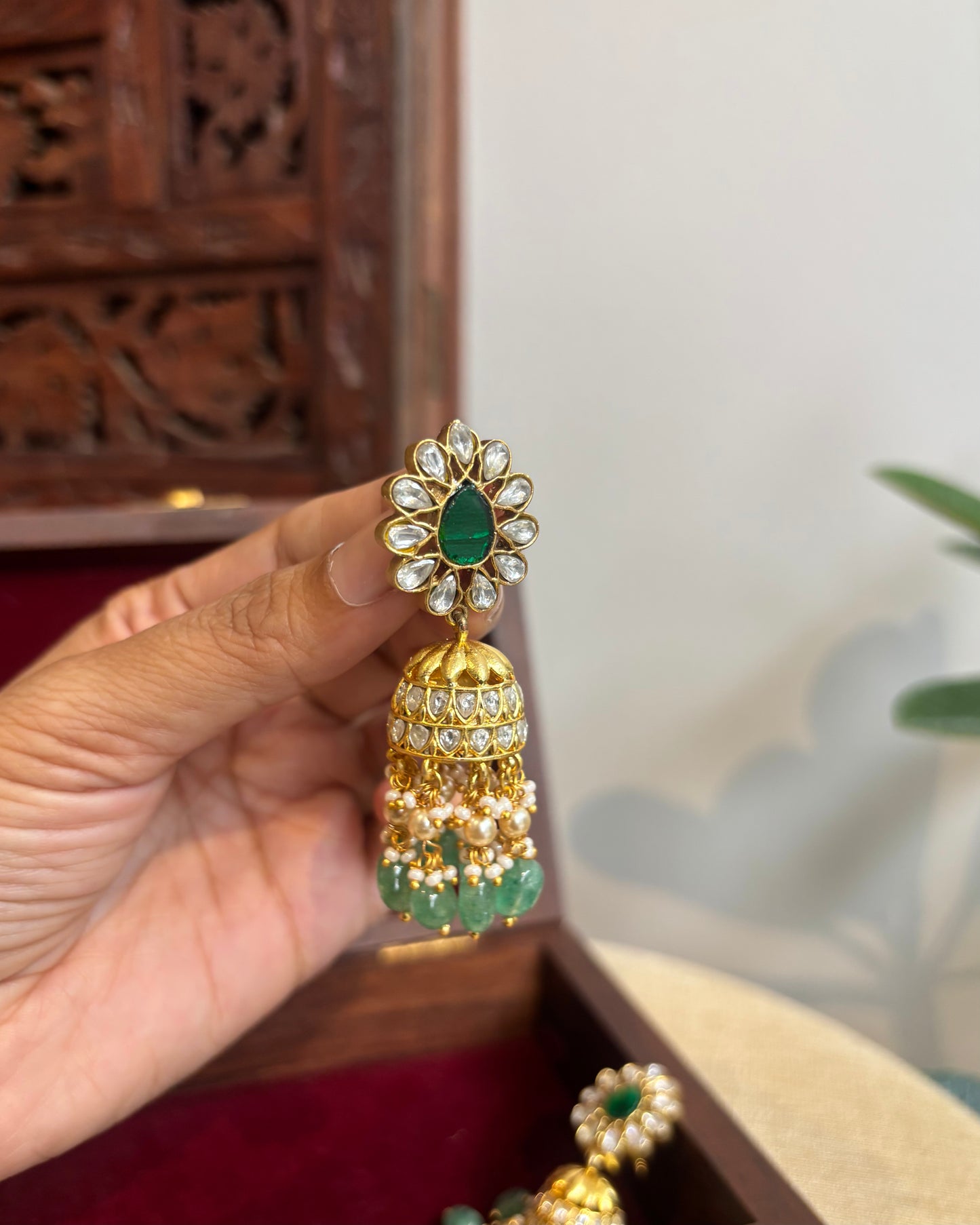 White Floral Jadau Kundan Jhumkas with Hangings | ER295