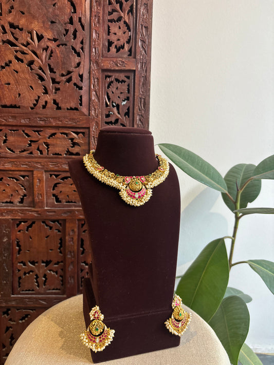 Antique Finish Jadau Pearl Necklace Set with Matching Earrings | NC303