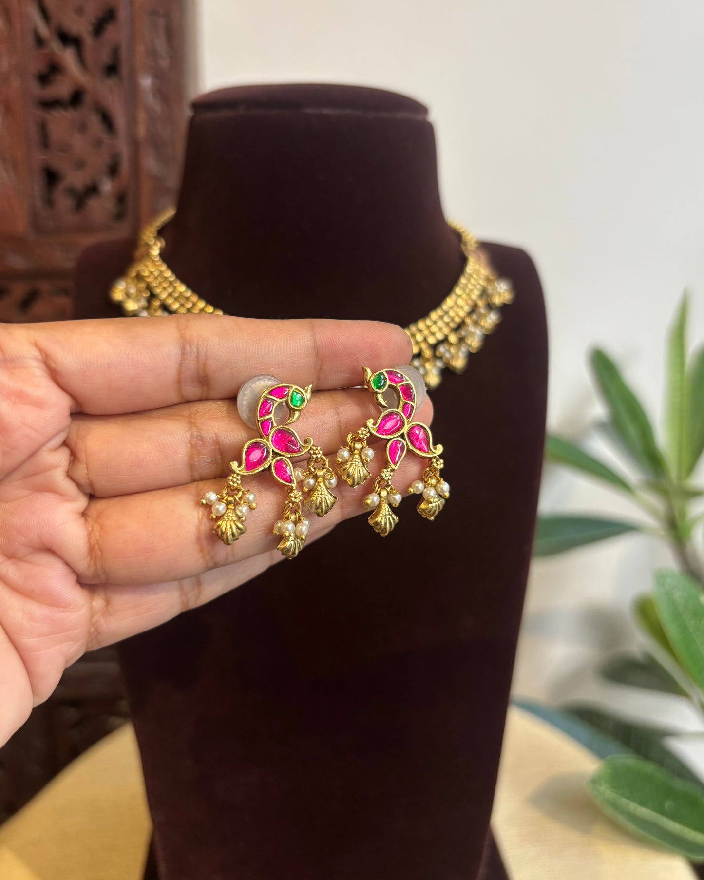 Antique Finish Jadau Pearl Necklace Set with Matching Earrings | NC419