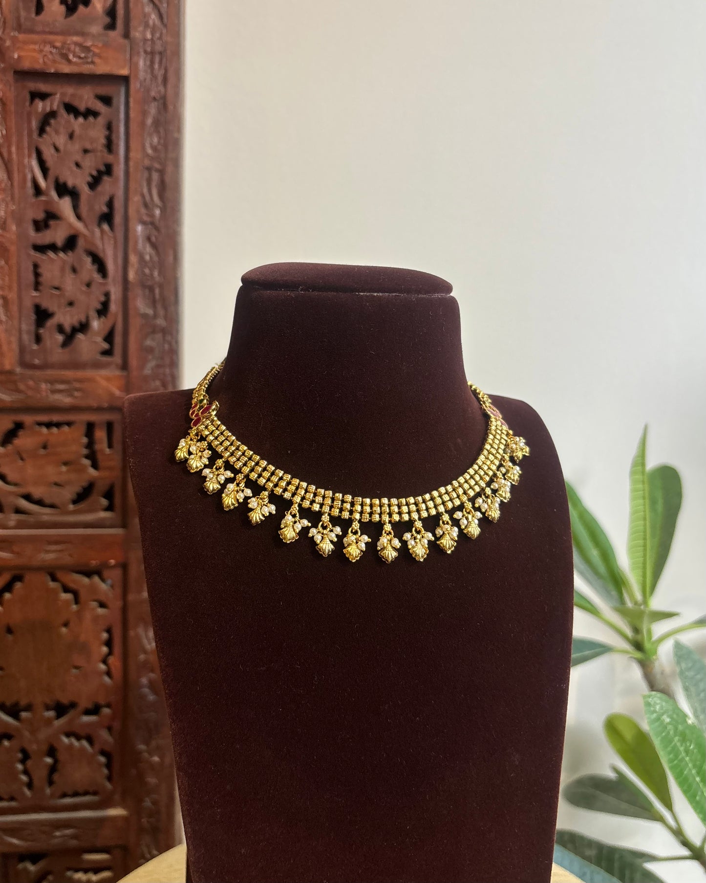 Antique Finish Jadau Pearl Necklace Set with Matching Earrings | NC419