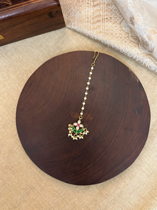 Jadau Kundan Floral Maang Tikka with Pearl Chain | MT087