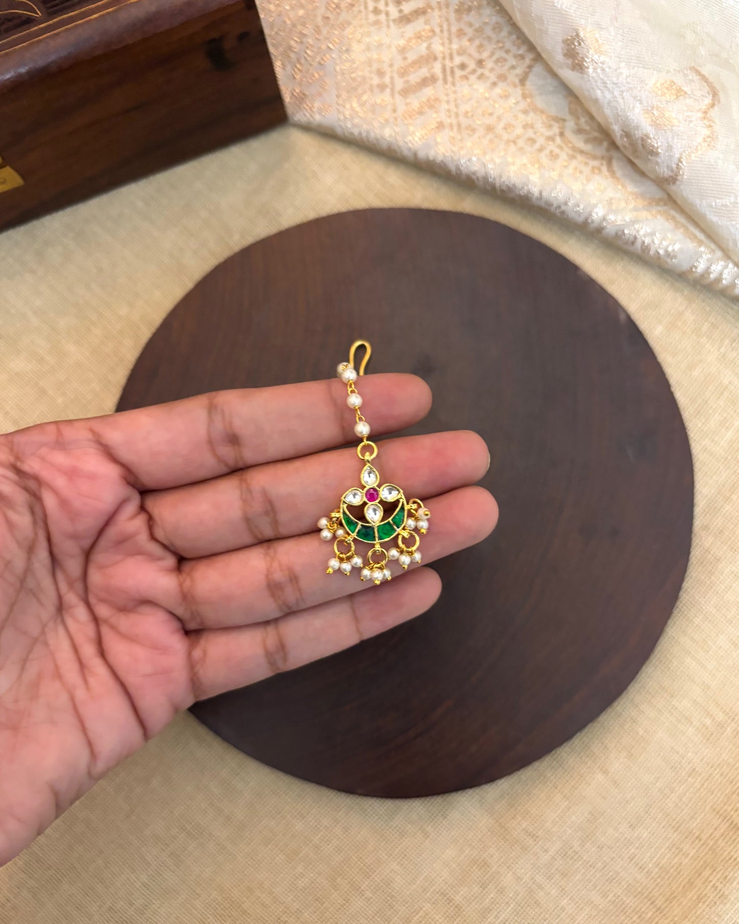 Jadau Kundan Floral Maang Tikka with Pearl Chain | MT087