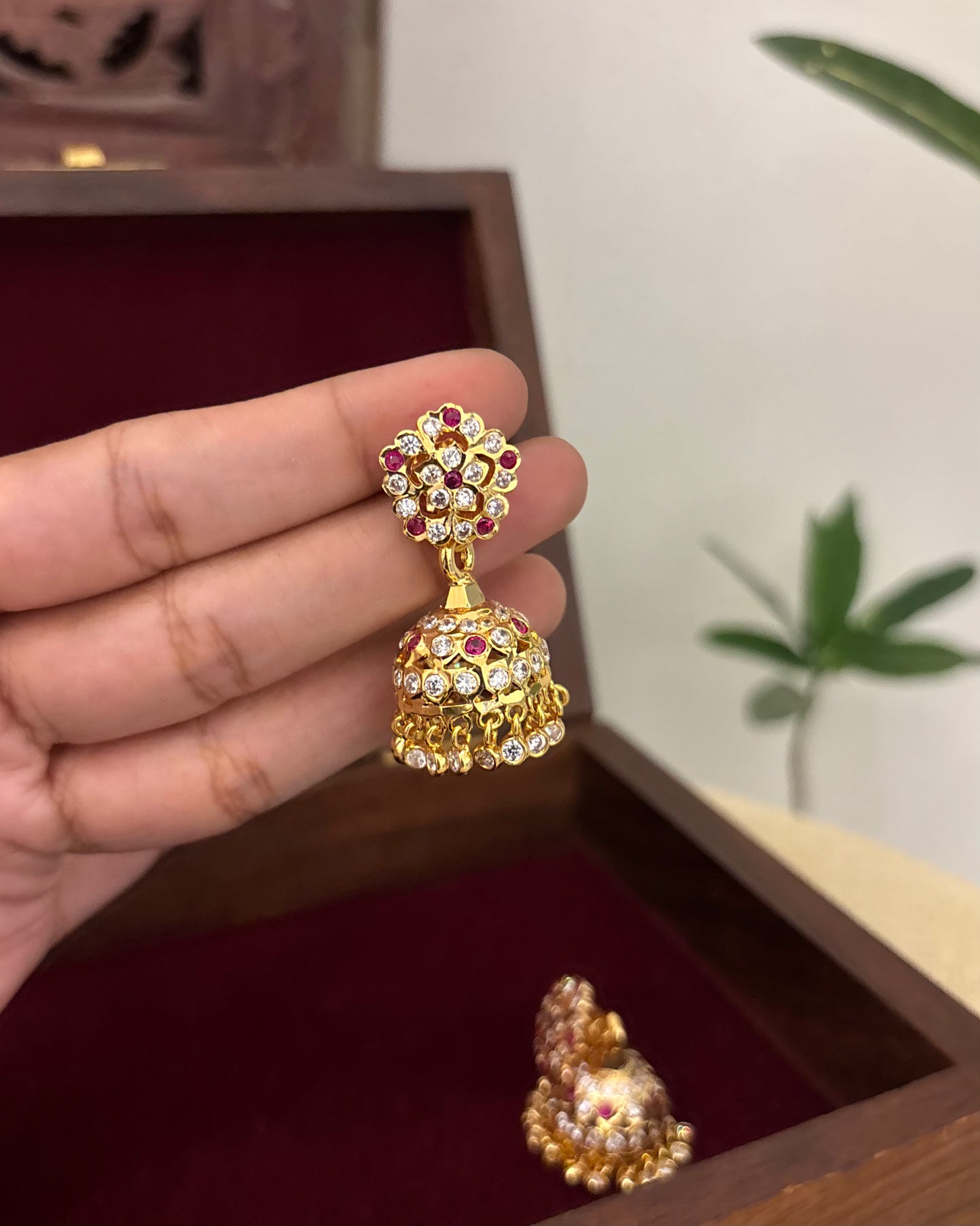 Vintage Impon Earrings – Classic Jhumkas | Ruby & White | ER378