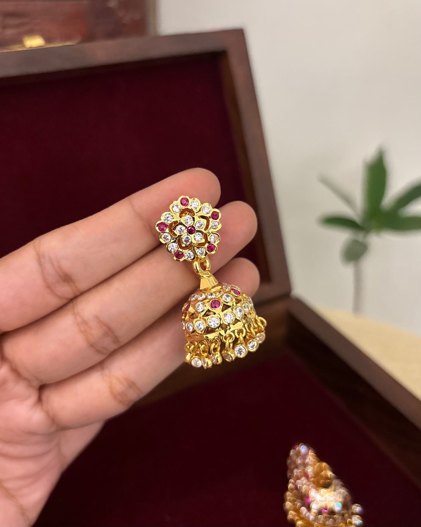 Vintage Impon Earrings – Classic Jhumkas | Ruby & White | ER378