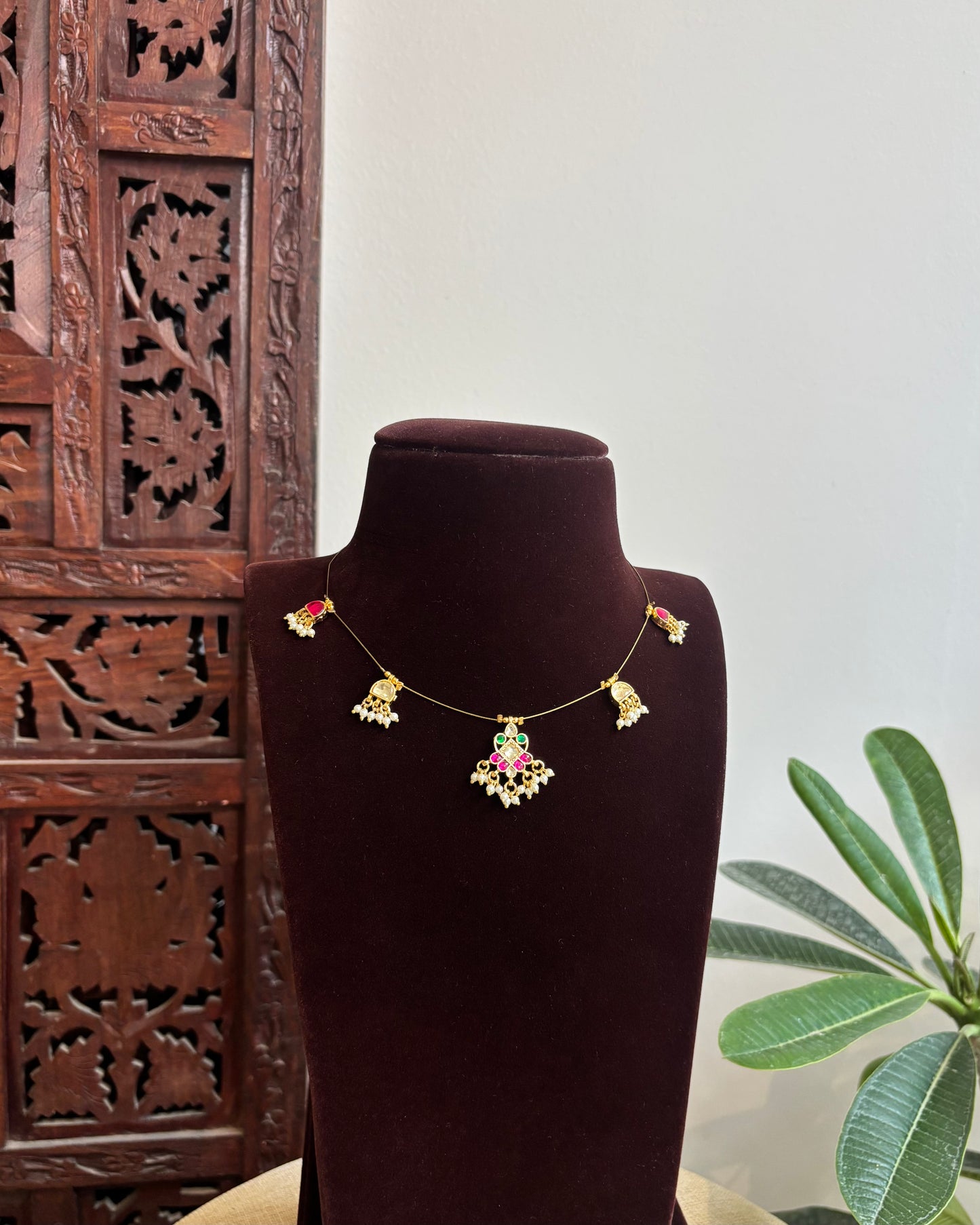 Jadau Kundan Invisible Chain Necklace with Earrings | NC414