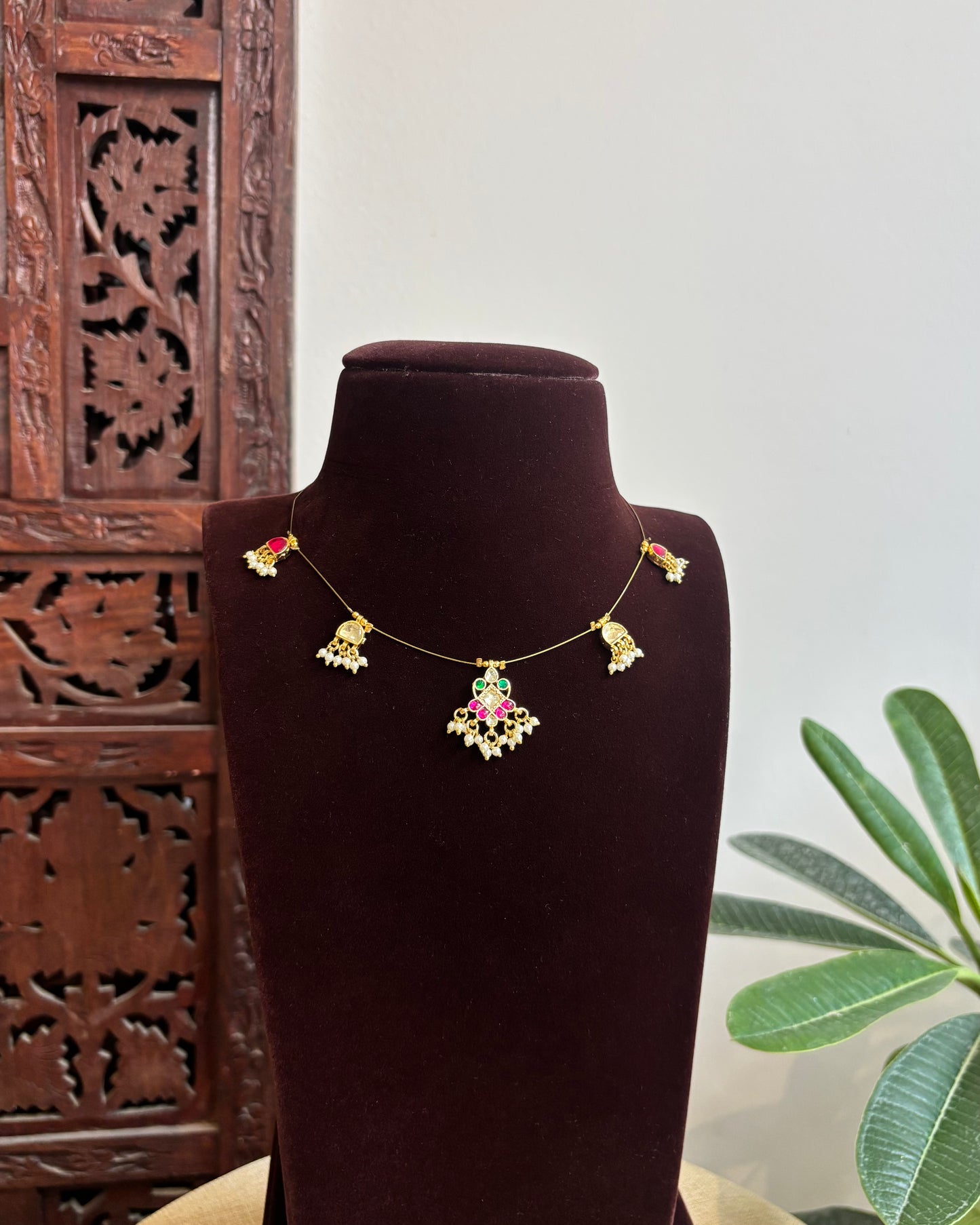 Jadau Kundan Invisible Chain Necklace with Earrings | NC414