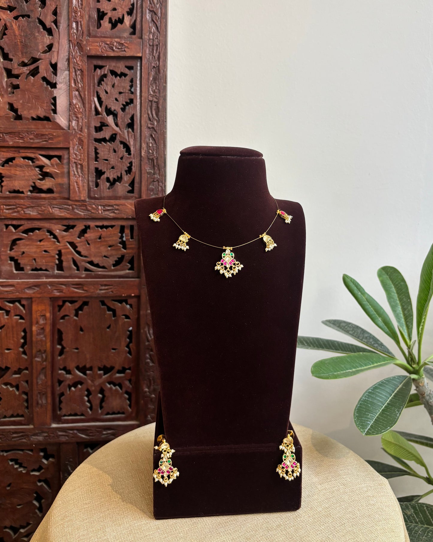 Jadau Kundan Invisible Chain Necklace with Earrings | NC414