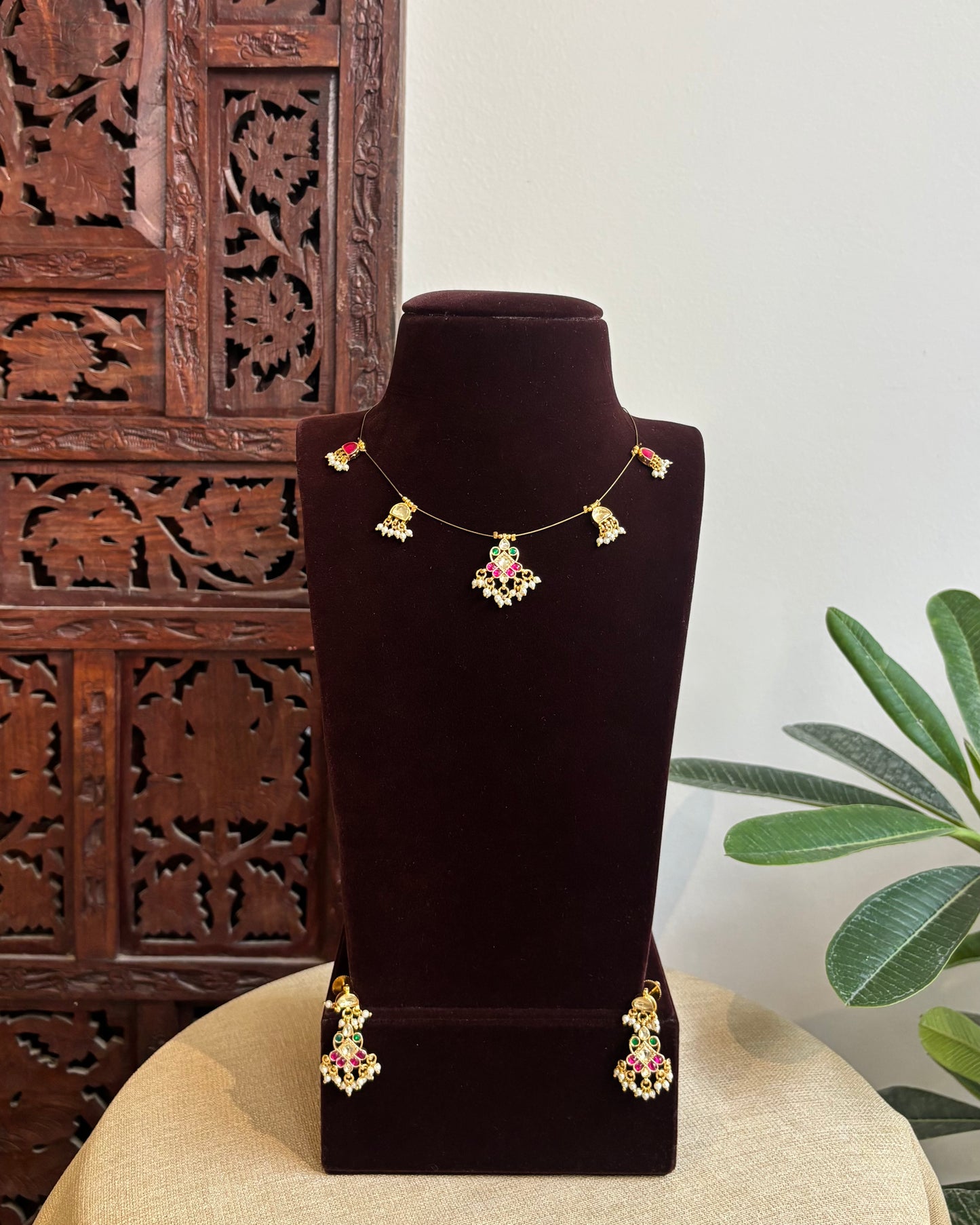 Jadau Kundan Invisible Chain Necklace with Earrings | NC414