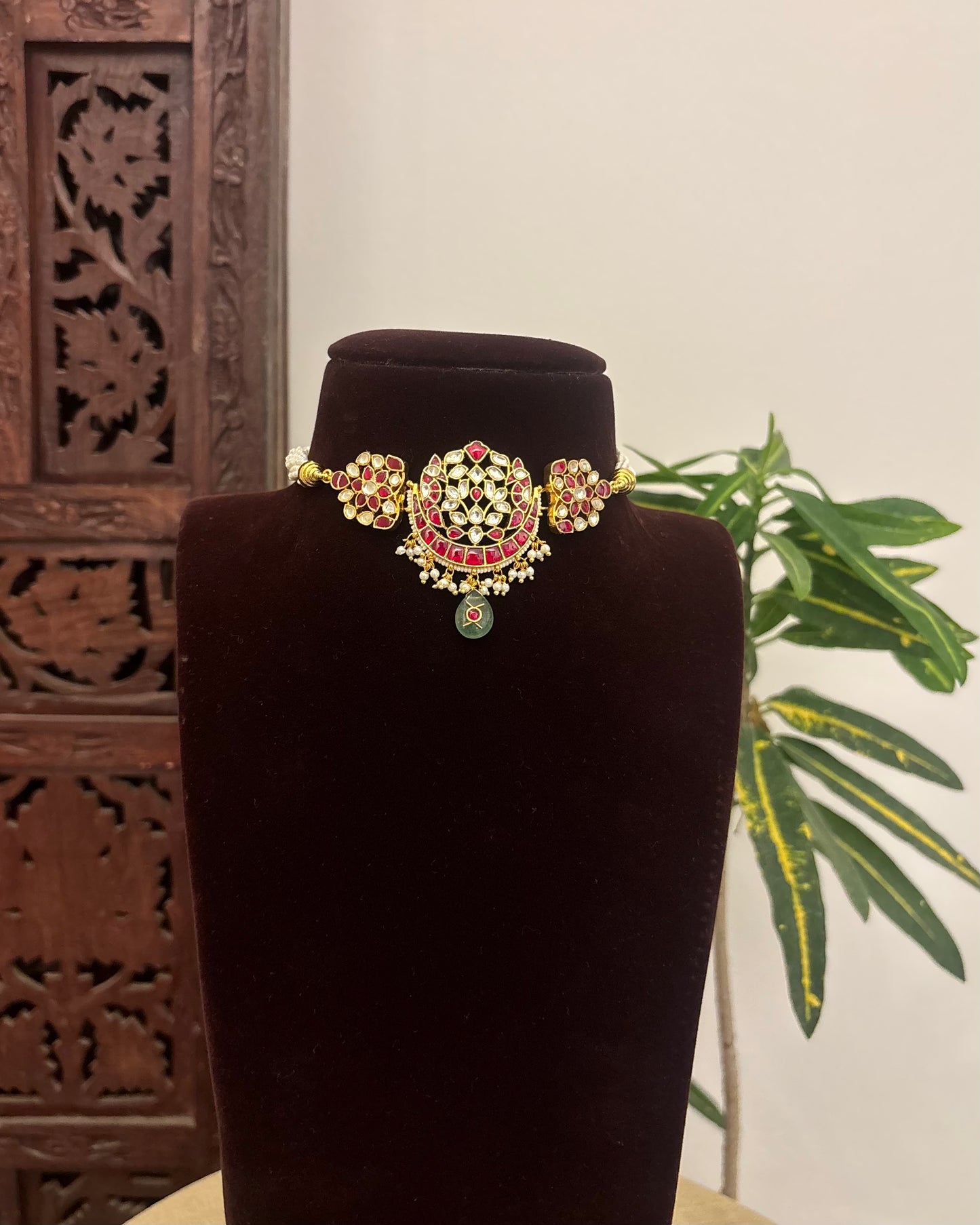 Ruby & white Floral Kundan Choker with Earrings | Gold Plated | NC622