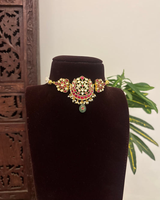 Ruby & white Floral Kundan Choker with Earrings | Gold Plated | NC622