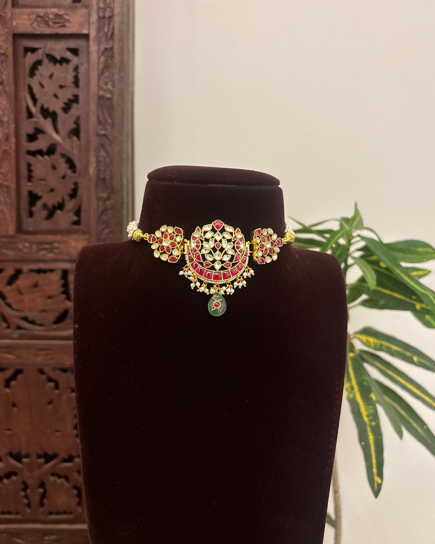 Ruby & white Floral Kundan Choker with Earrings | Gold Plated | NC622