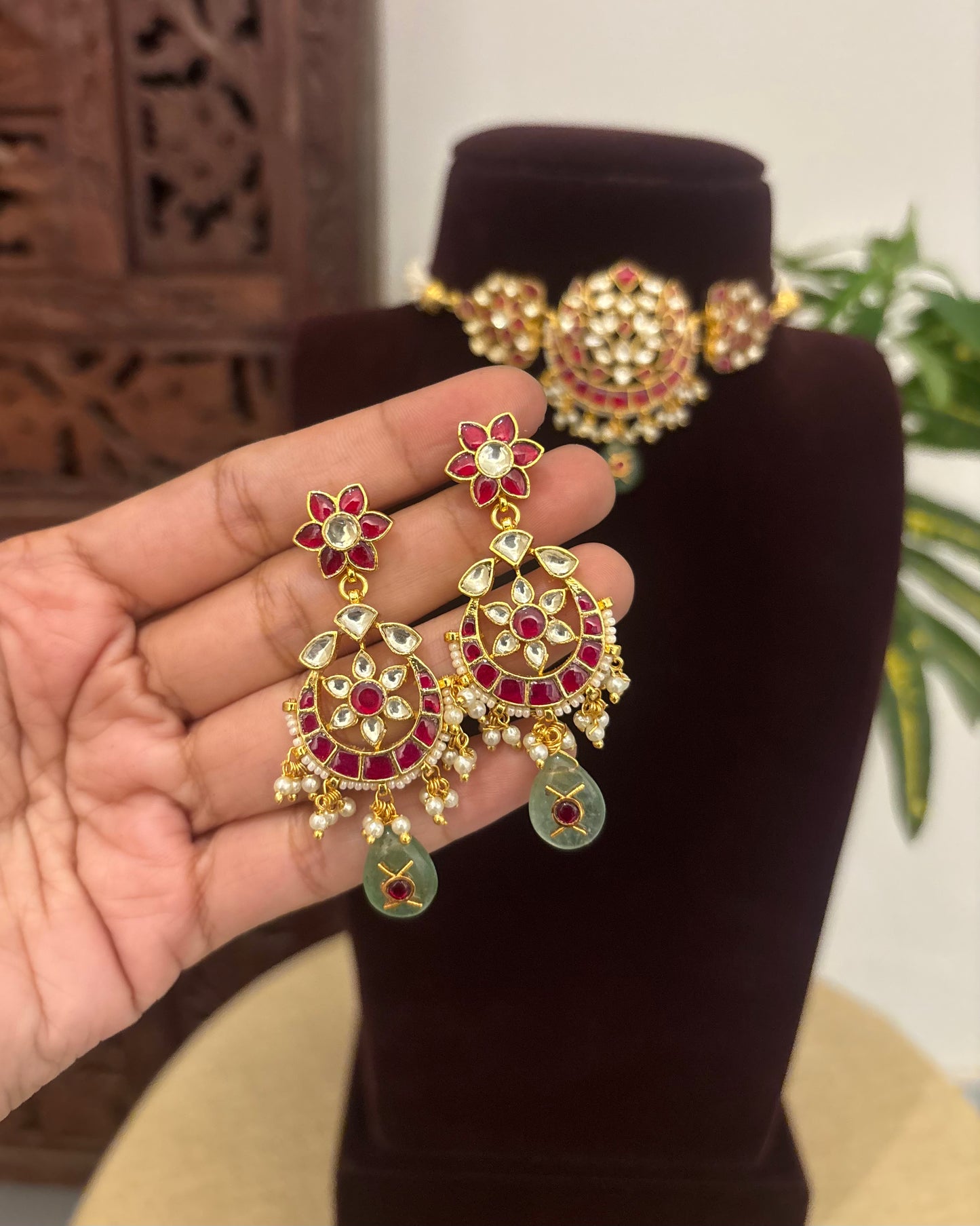 Ruby & white Floral Kundan Choker with Earrings | Gold Plated | NC622