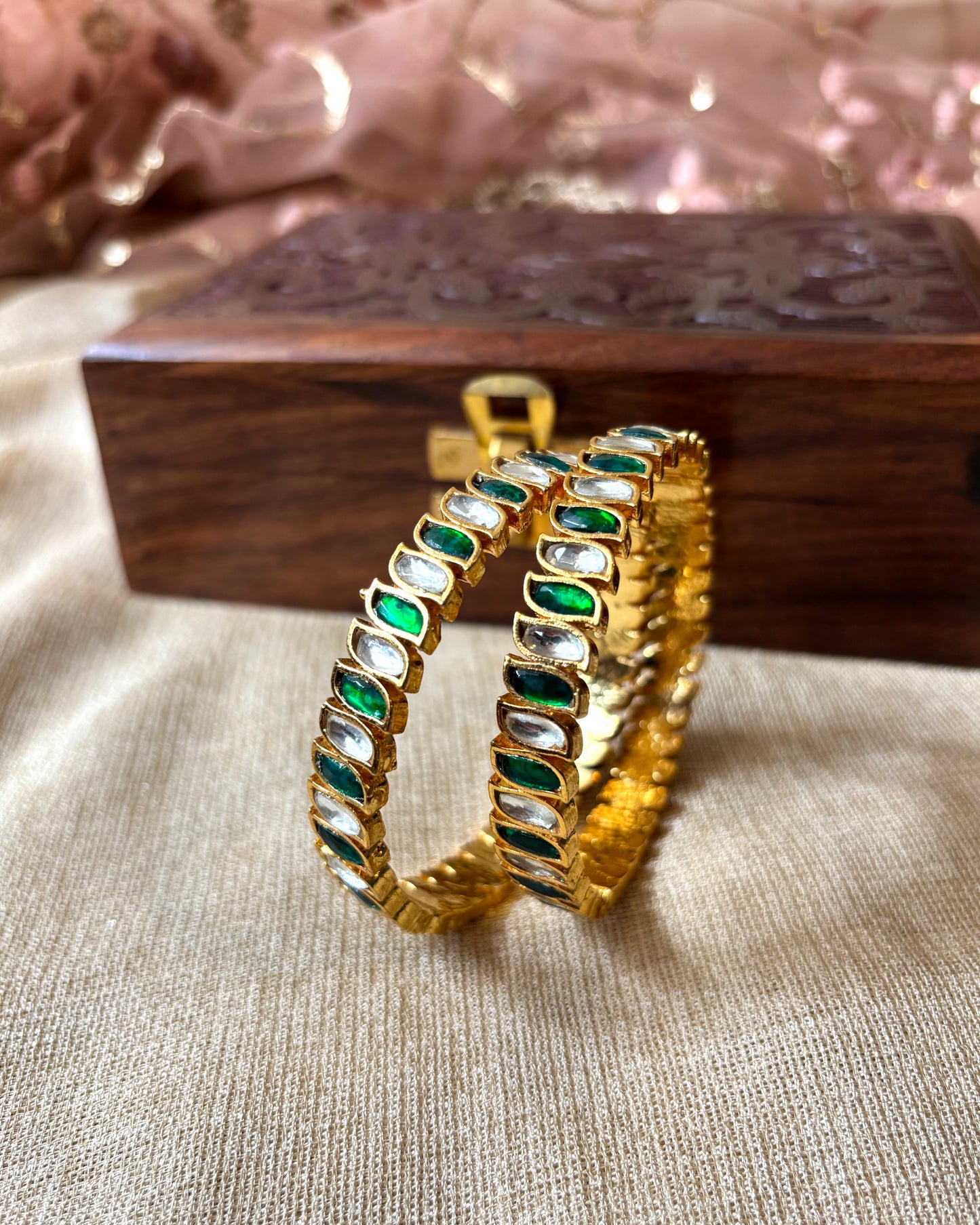 White and Green Jadau Kundan Bangles | BA011