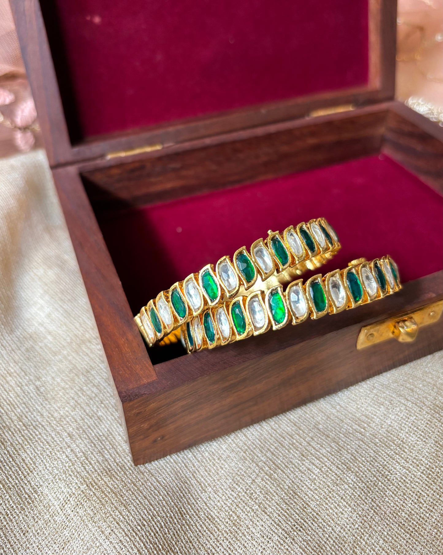 White and Green Jadau Kundan Bangles | BA011